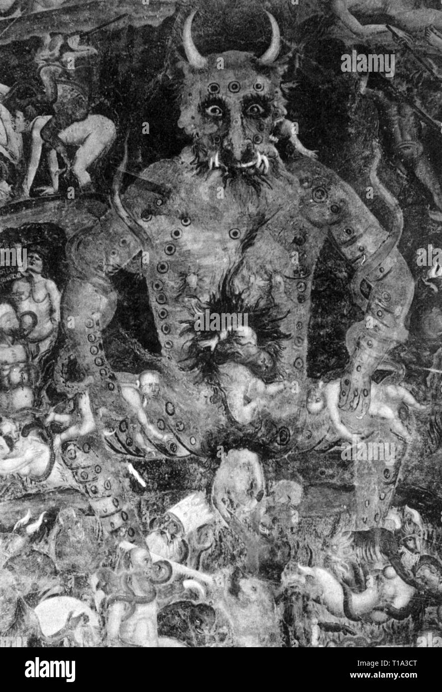 Religion, Engel und Teufel, "Giudizio finale e Inferno - Lucifero" (Tag des Gerichts und die Hölle - Luzifer), Detail, Fresko, 1336-1341, zuzuschreiben, Buonamico Buffalmacco (ca. 1262 - ca. 1340), Camposanto, Pisa, Additional-Rights - Clearance-Info - Not-Available Stockfoto