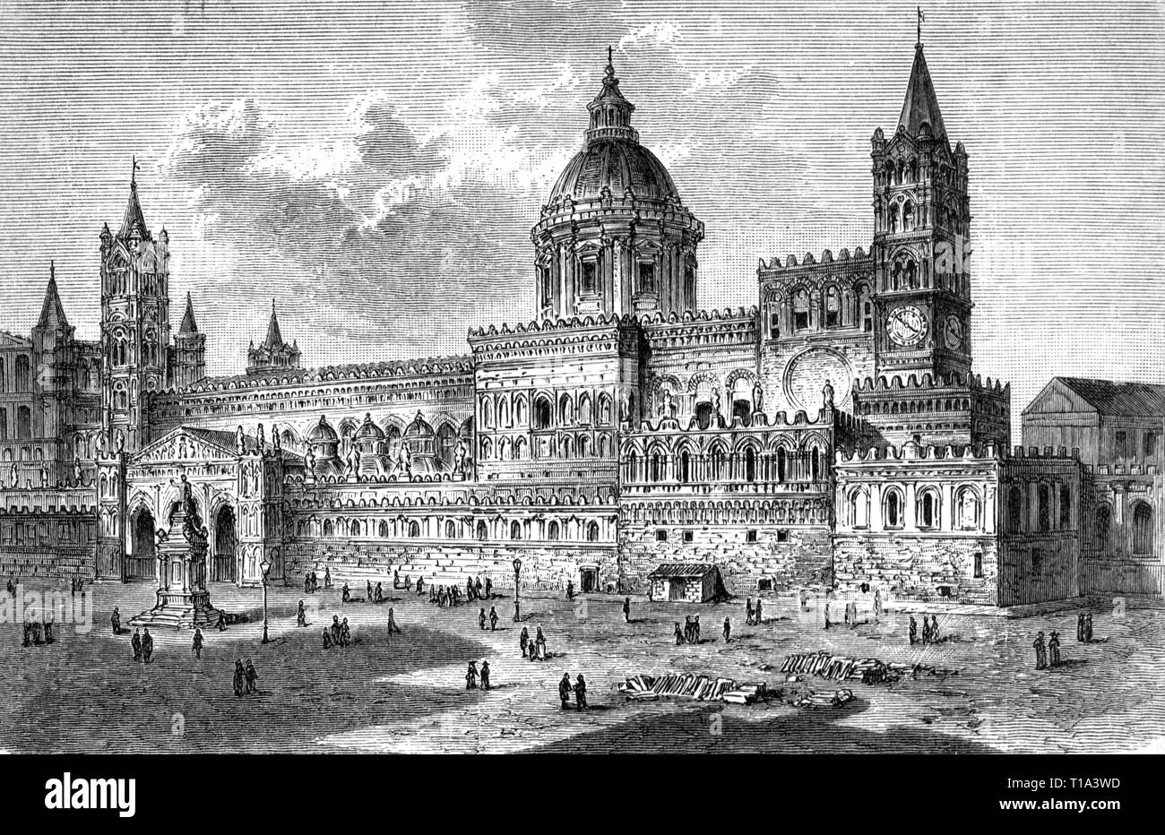 Geographie/Reisen historische, Italien, Städte und Gemeinden, Palermo, Kirchen, Dom Maria: Iglesia de Santisima Assunta, Außenansicht, Holzstich, später aus dem 19. Jahrhundert, Artist's Urheberrecht nicht gelöscht werden Stockfoto
