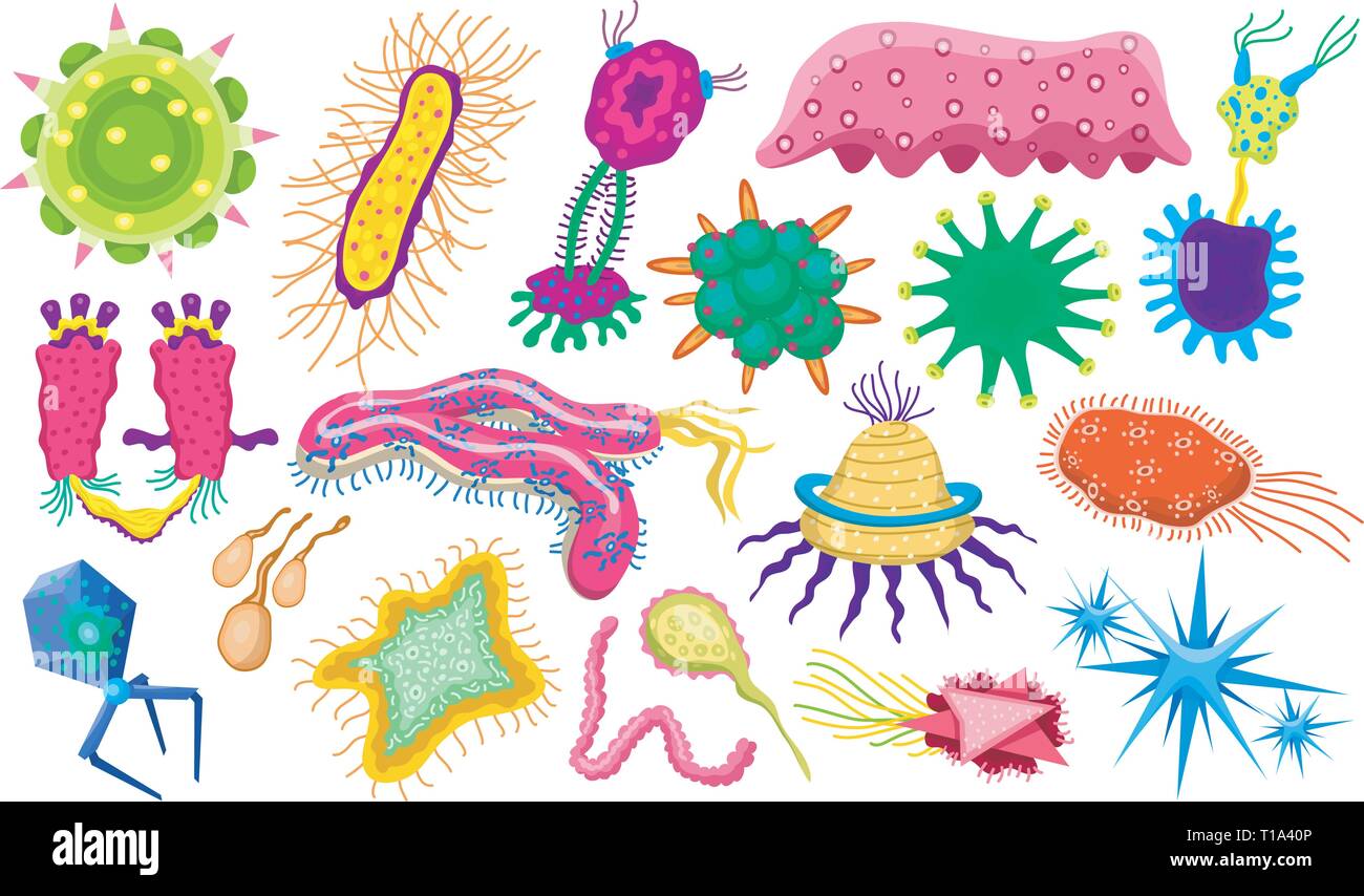 Satz von Bakterien Zeichen. Cartoon Süße germ Virus lustig Infektion. Lustig schlechte Gefühle micro Mikrobe. Farbe Monster, Krankheitserreger oder Parasiten. Stock Vektor