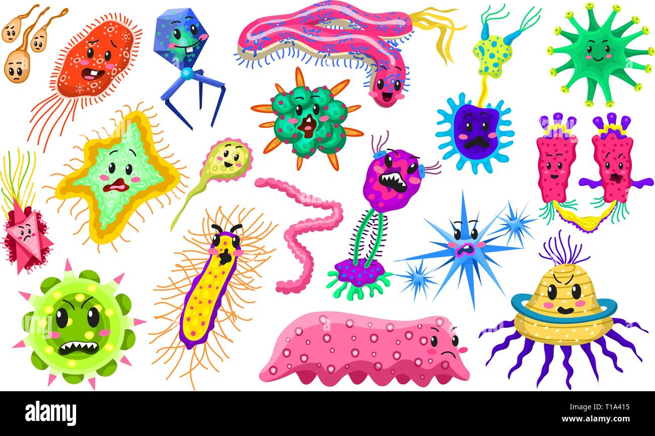 Satz von Bakterien Zeichen. Cartoon Süße germ Virus lustig Infektion. Lustig schlechte Gefühle micro Mikrobe. Farbe Monster, Krankheitserreger oder Parasiten. Stock Vektor