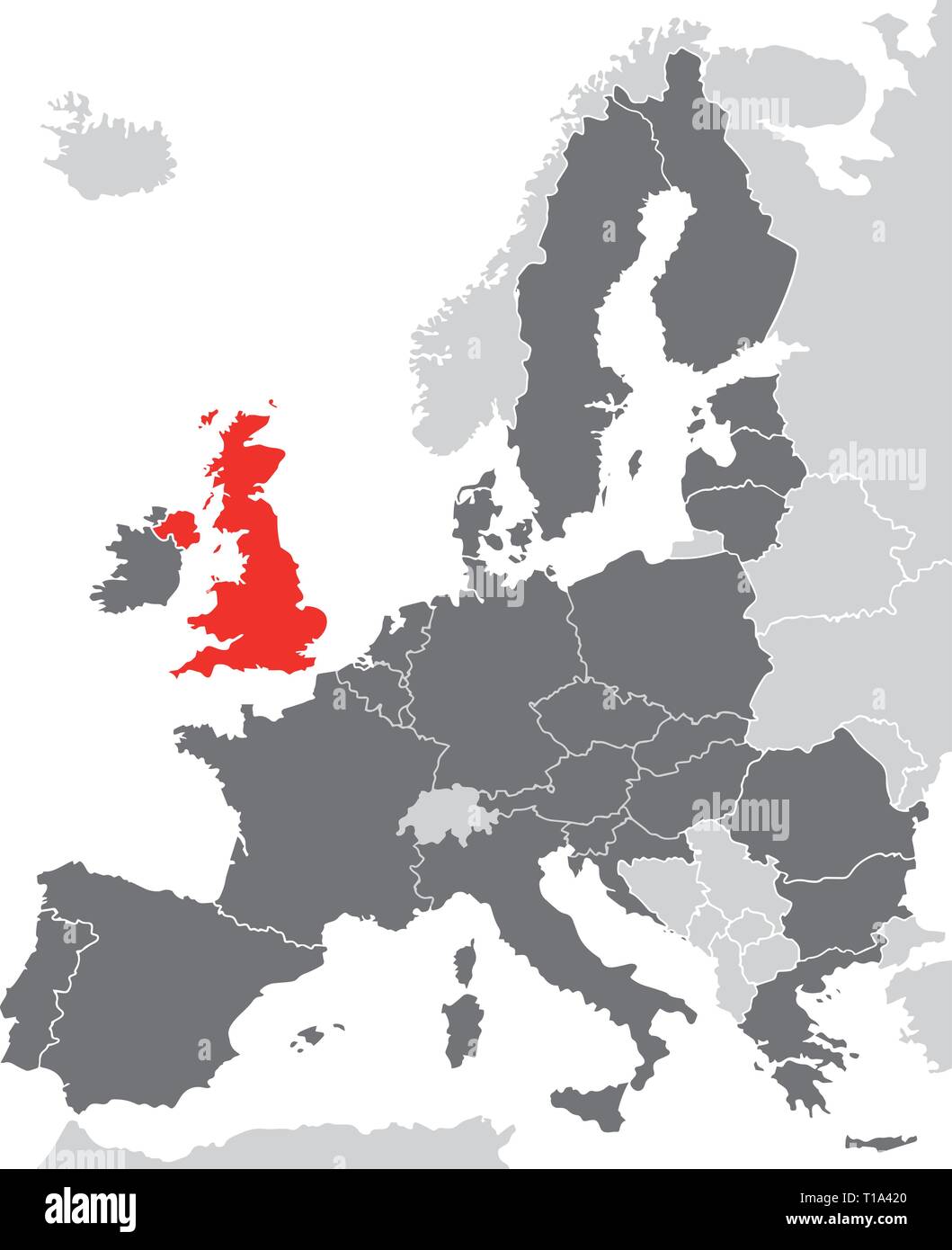 Vector Graphic Karte von Europa mit Mitgliedstaaten der Europäischen Union mit dem Vereinigten Königreich in rot markiert Stock Vektor