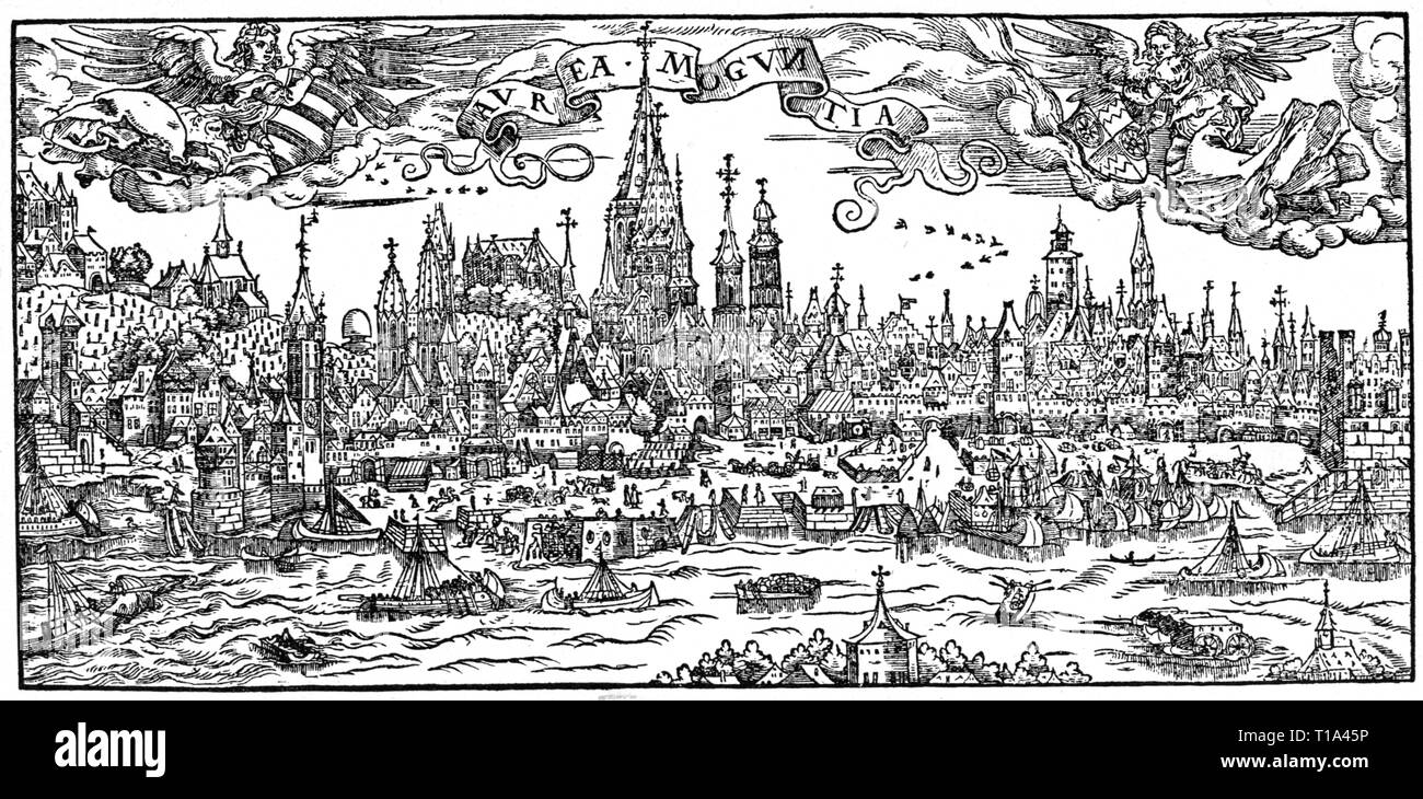 Geographie/Reisen historische, Deutschland, Städte und Gemeinden, Mainz, Stadtblick, Holzschnitt von David Kandel, 1562, Additional-Rights - Clearance-Info - Not-Available Stockfoto