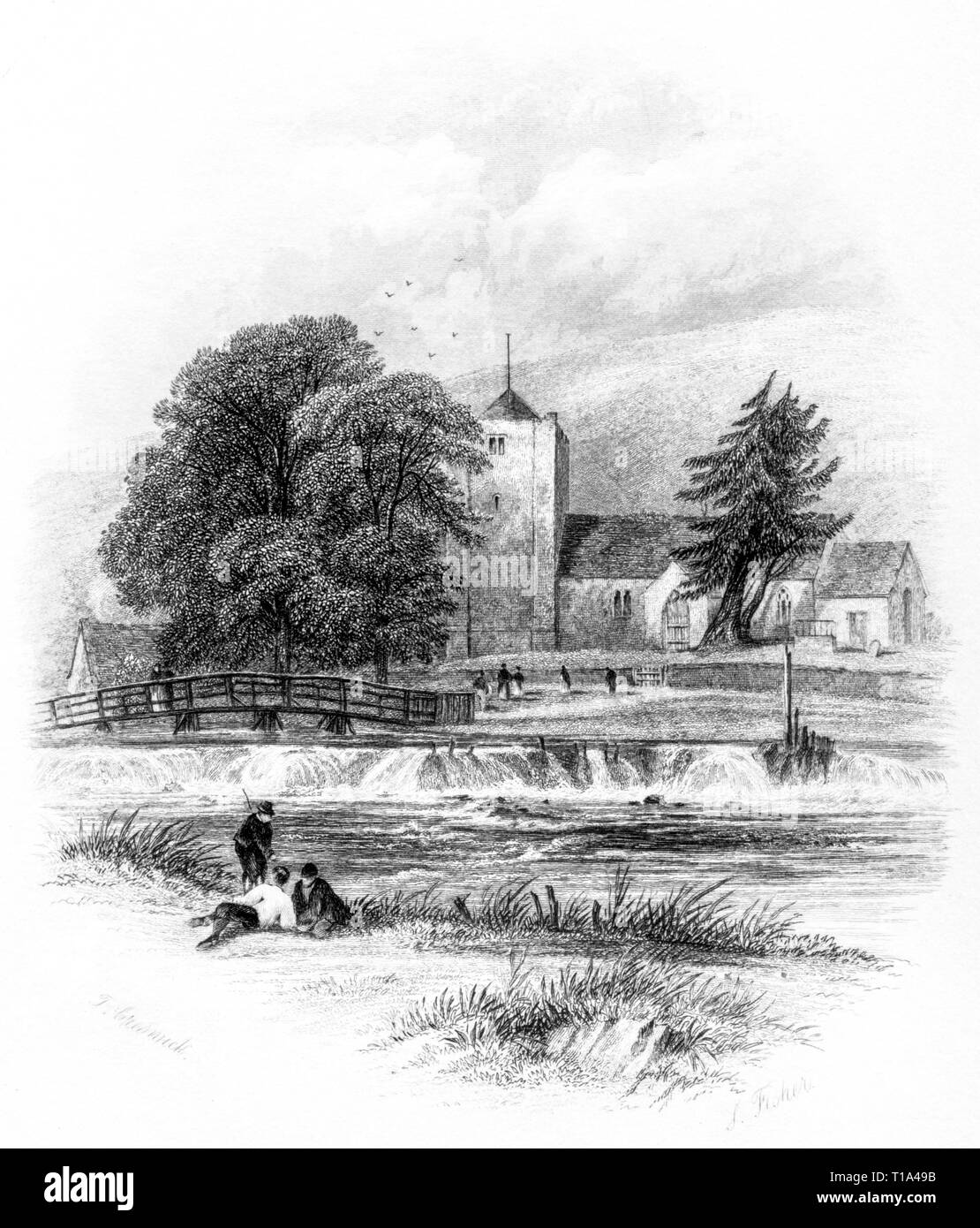 Eine Gravur der Llangerrig (Llangurig) am Ufer des Flusses Wye, Powys, Wales UK gescannt und in hoher Auflösung aus einem Buch 1841 veröffentlicht. Stockfoto