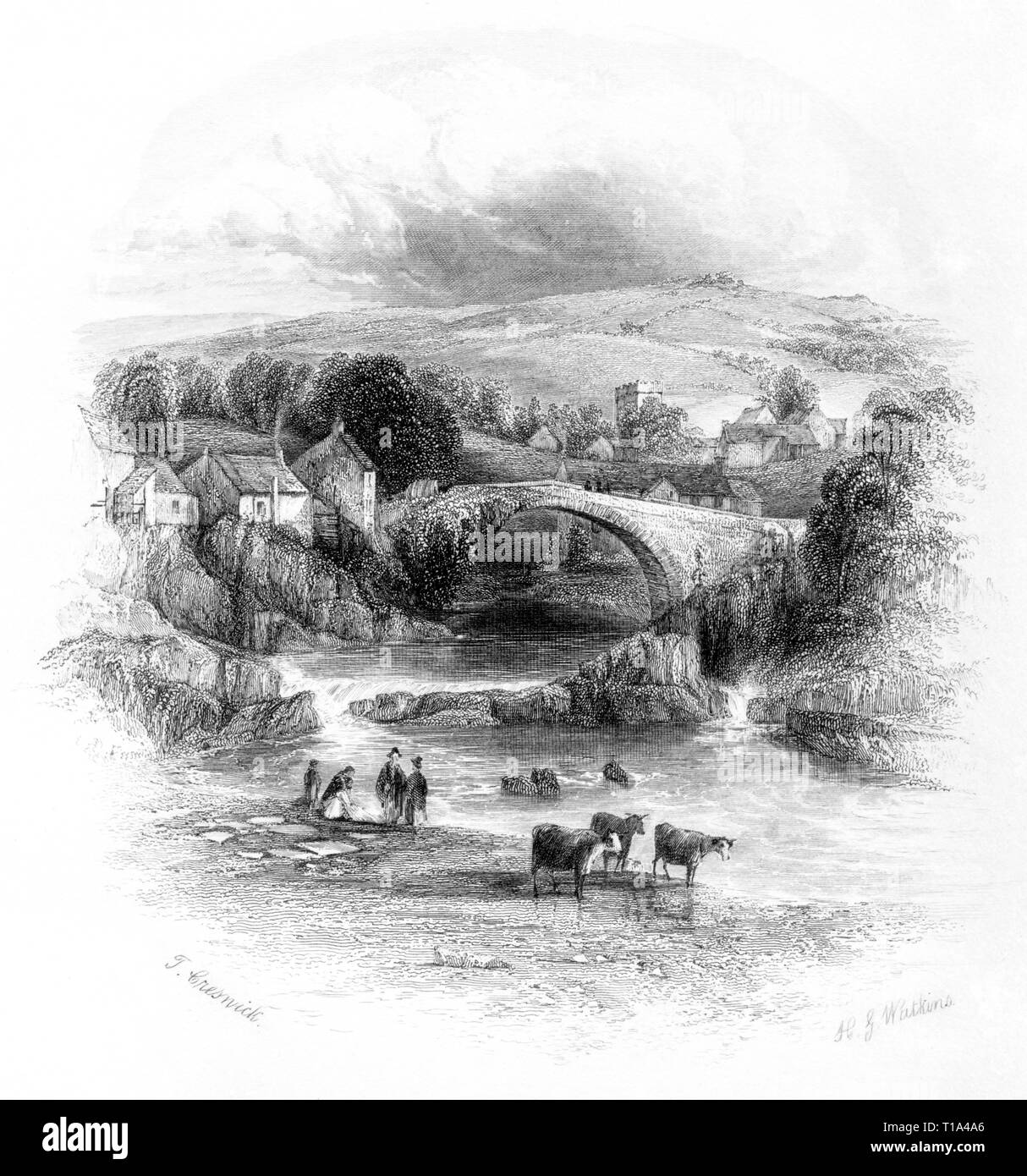 Ein Kupferstich von Rhayader, Powys, Wales UK gescannt und in hoher Auflösung aus einem Buch 1841 veröffentlicht. Dieses Bild wird geglaubt, frei von Copyright. Stockfoto