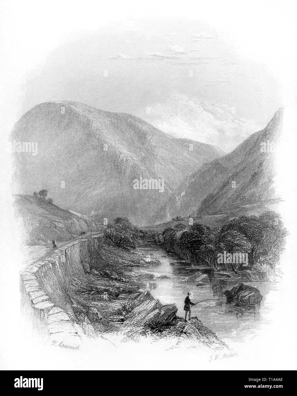 Gravur auf das Tal des Wye in der Nähe von Rhayader, Powys, Wales UK bei hoher Auflösung aus einem Buch 1841 veröffentlicht gescannt.. Glaubten copyright frei. Stockfoto