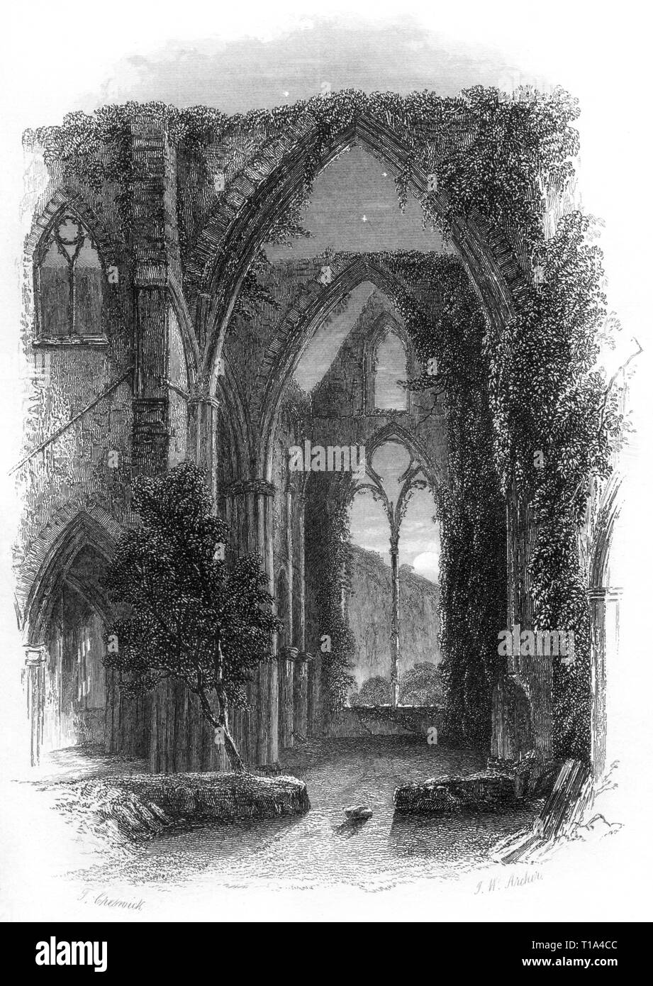 Eine Gravur von Tintern Abbey, Monmouthshire, Wales UK, gescannt in hoher Auflösung aus einem 1841 veröffentlichten Buch. Glaubte, dass es keine Urheberrechte gibt Stockfoto