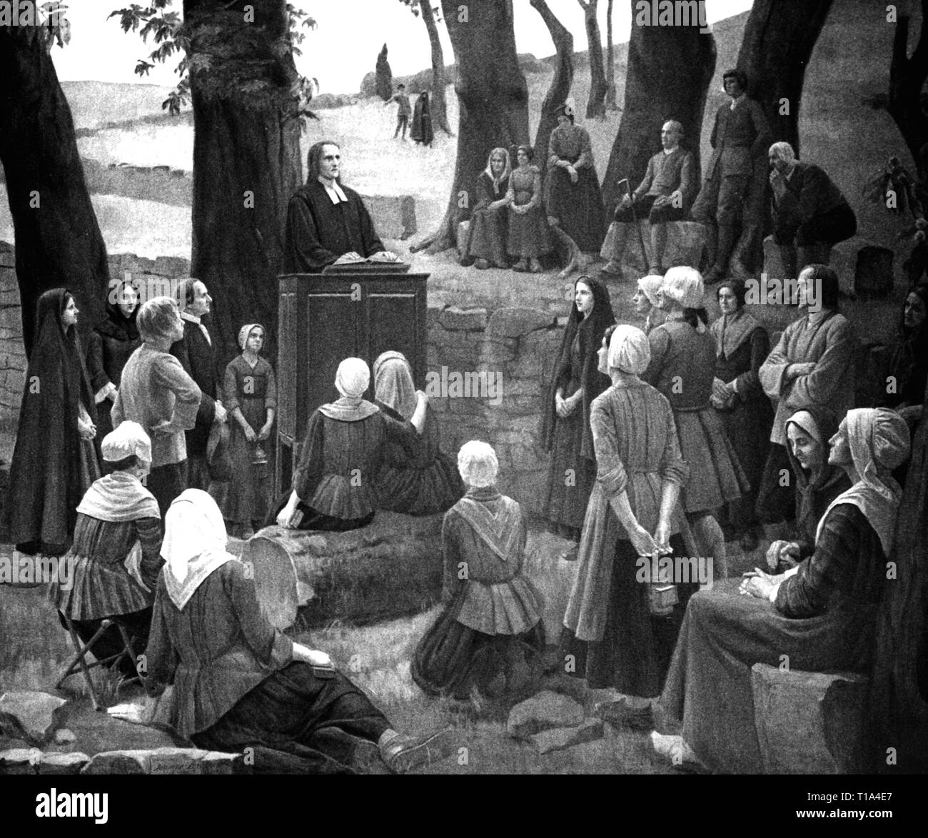 Religion, Hugenotten, L'Assemblee du desert" (Kirche Service in der Wüste), Malerei, von Jeanne Lombard (1865-1945), 1934, Öl auf Leinwand, Musée du Wüste, Mialet, Additional-Rights - Clearance-Info - Not-Available Stockfoto