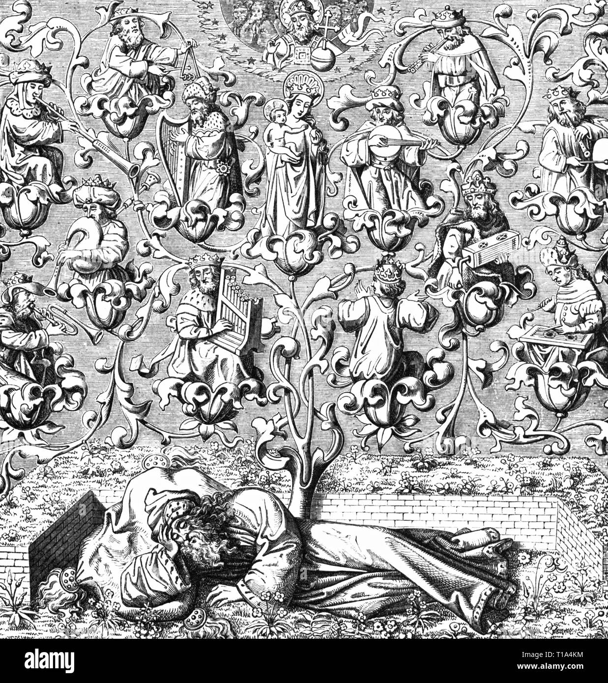 Religion, Christentum, Allegorie, Wurzel Jesse, angepasst von Miniatur aus Brevier, 15. Jahrhundert, Holzstich, 19. Jahrhundert, Additional-Rights - Clearance-Info - Not-Available Stockfoto