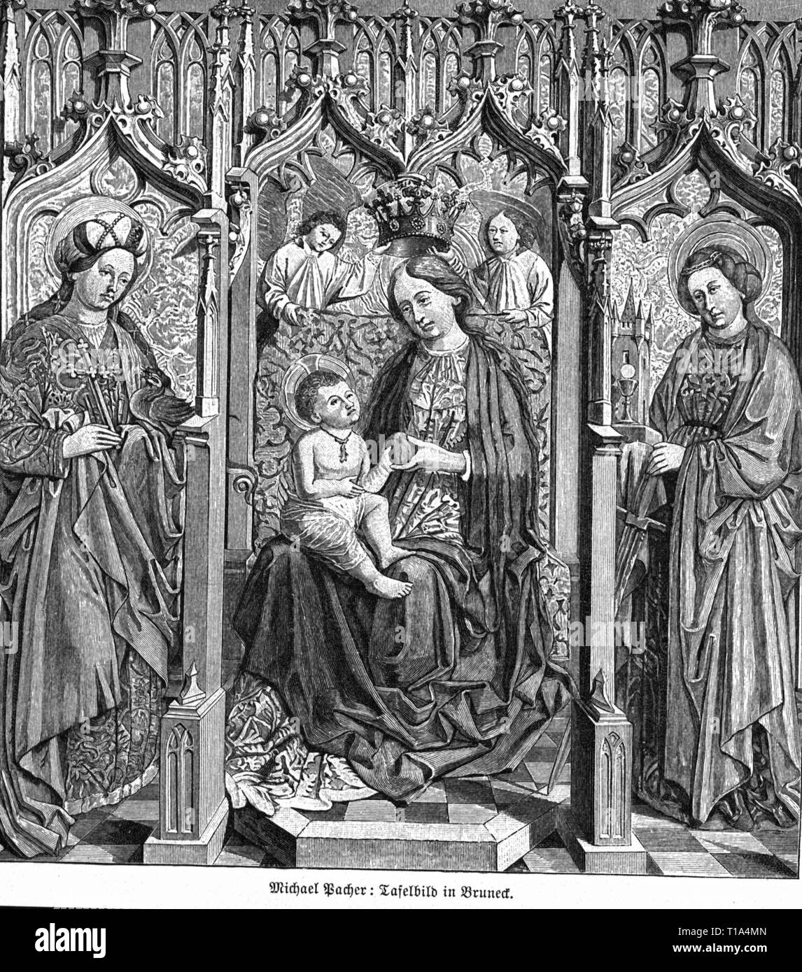 Religion, Christentum, Madonna/Maria mit dem Kind, Malerei, von Michael Pacher (um 1435-1498), aus dem 15. Jahrhundert, Bruneck, Holzstich, 19. Jahrhundert, Artist's Urheberrecht nicht gelöscht werden Stockfoto