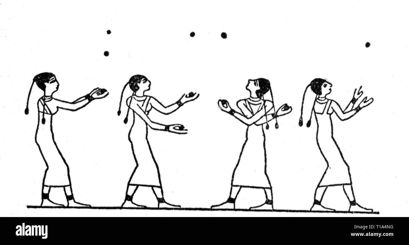 Sport, Spiel, Ägypten, vier Mädchen Ball spielen, zeichnen nach Grab Gemälde, Beni Hassan, 12. Dynastie, ca. 1950 - 1900 v. Chr., Artist's Urheberrecht nicht geklärt zu werden. Stockfoto