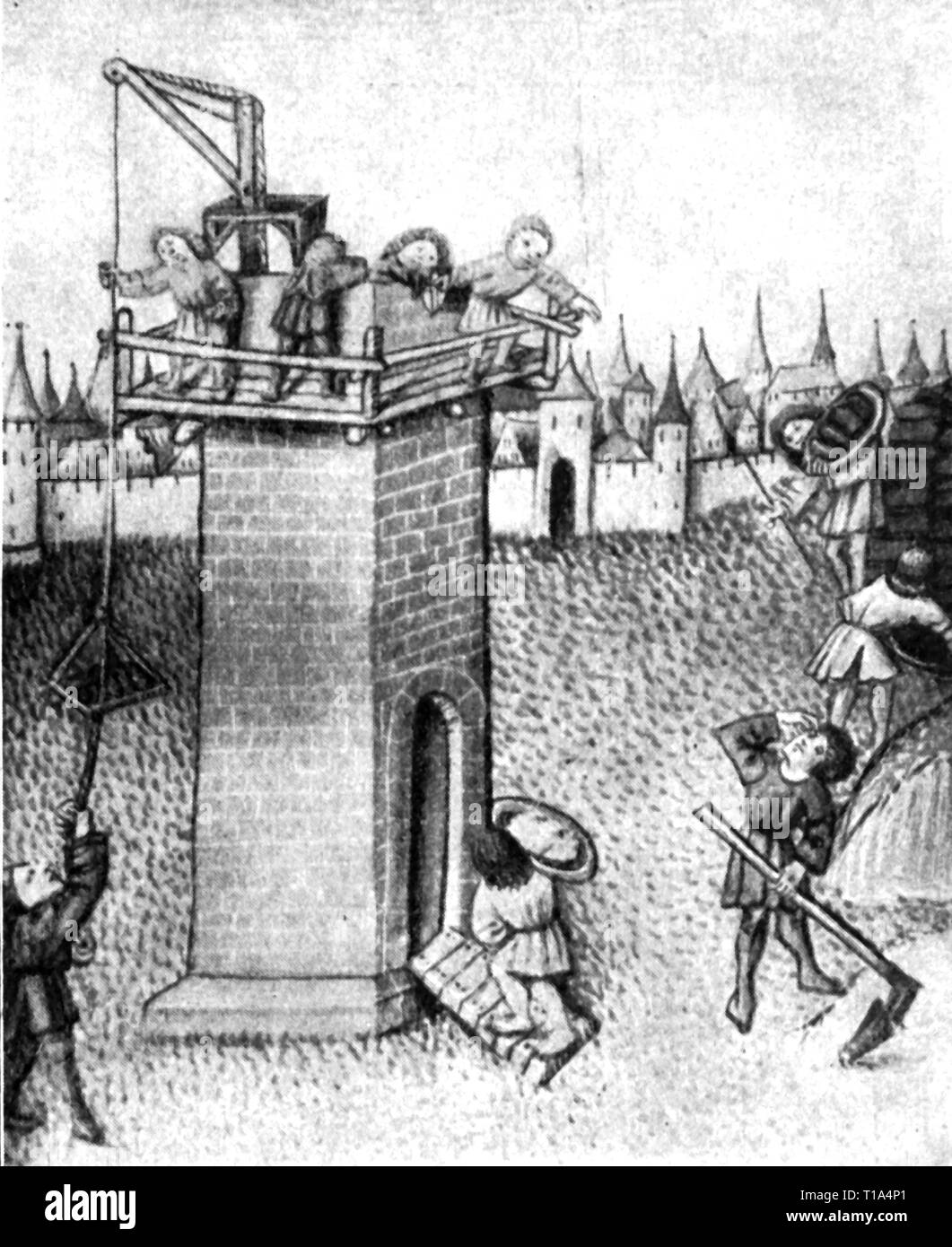 Religion, biblische Szene, Turm von Babel, Miniatur, Furtmeyr Bibel, Regensburg, 1470, Artist's Urheberrecht nicht geklärt zu werden. Stockfoto