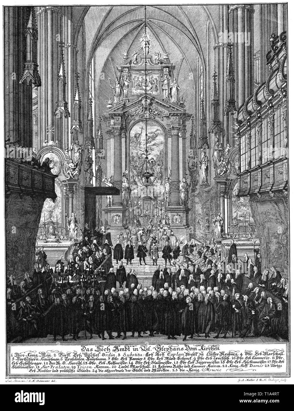 Geographie/Reisen, Österreich, Wien, Kirchen, Dom St. Stephan, Innenansicht, Hohe Messe in der Zeit von Kaiserin Maria Theresia, Kupferstich, durch G. A. Mueller, angepasst von Martino Altomonte (1657-1745), 18. Jahrhundert, Artist's Urheberrecht nicht gelöscht werden Stockfoto