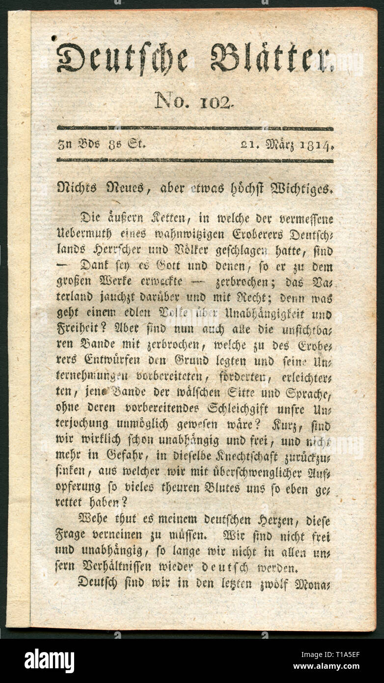 Deutschland, Leipzig, historische Zeitung: 'Deutsche Blätter" (Deutsche Papiere), Nr. 102, 21.3.1814, herausgegeben von Friedrich Arnold Brockhaus., Additional-Rights - Clearance-Info - Not-Available Stockfoto