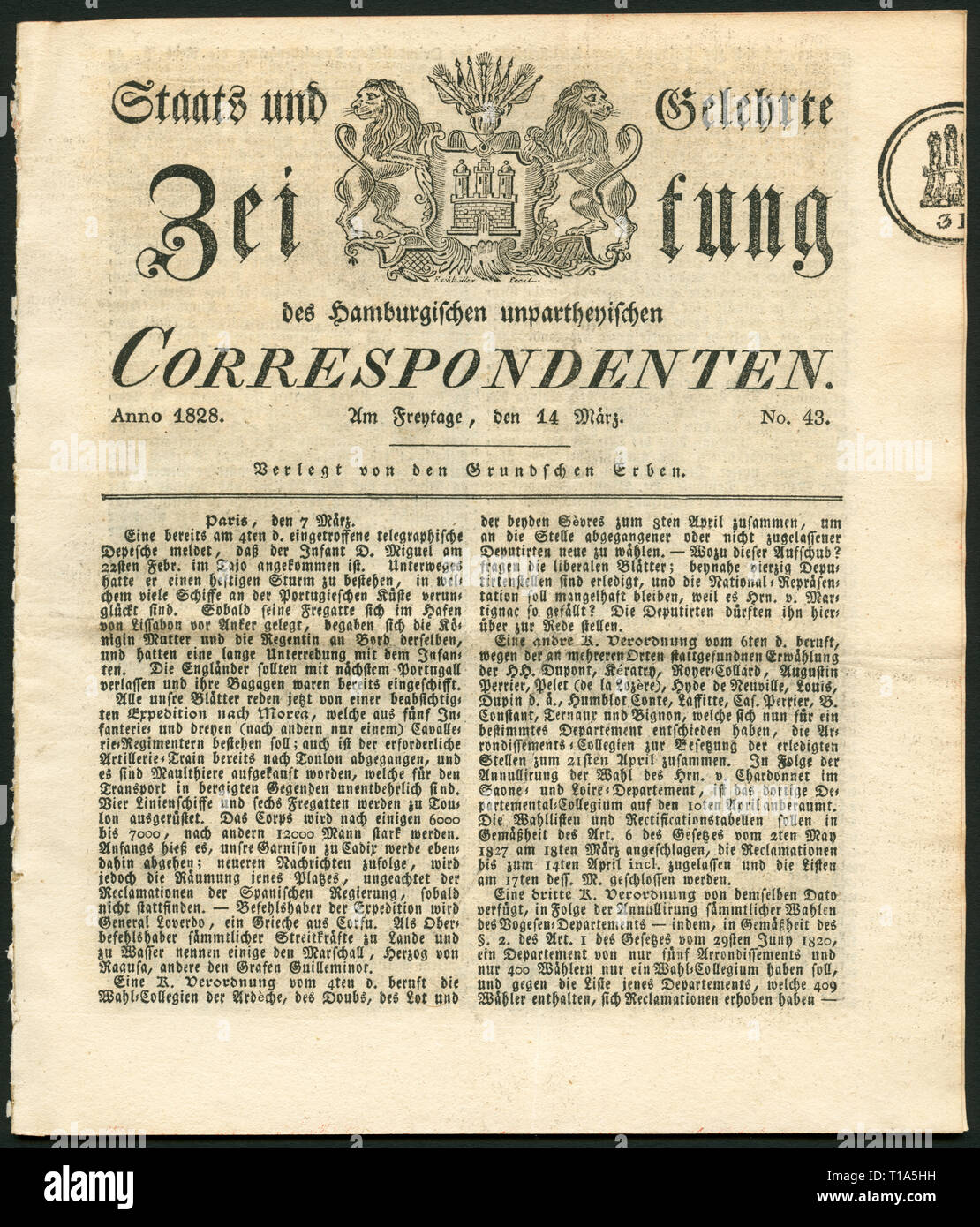 Deutschland, Hamburg, historische Zeitung: Taats und Gelehrte Zeitung des Hamburgischen unpartheyischen Correspondenten", Nr. 43, 14.3.1828, Additional-Rights - Clearance-Info - Not-Available Stockfoto