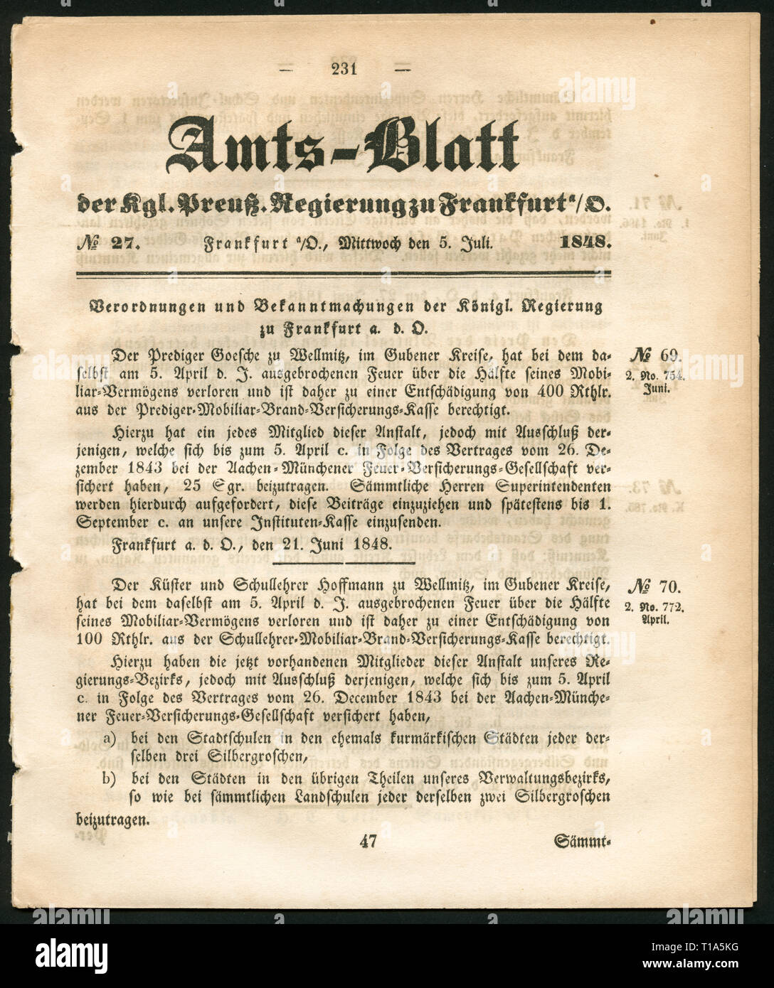 Deutschland, Brandenburg, Frankfurt/Oder, historische Zeitung:" amts-blatt der Königlichen Preußischen Regierung zu Frankfurt/O.", Nr. 27, 5.7.1848, Additional-Rights - Clearance-Info - Not-Available Stockfoto