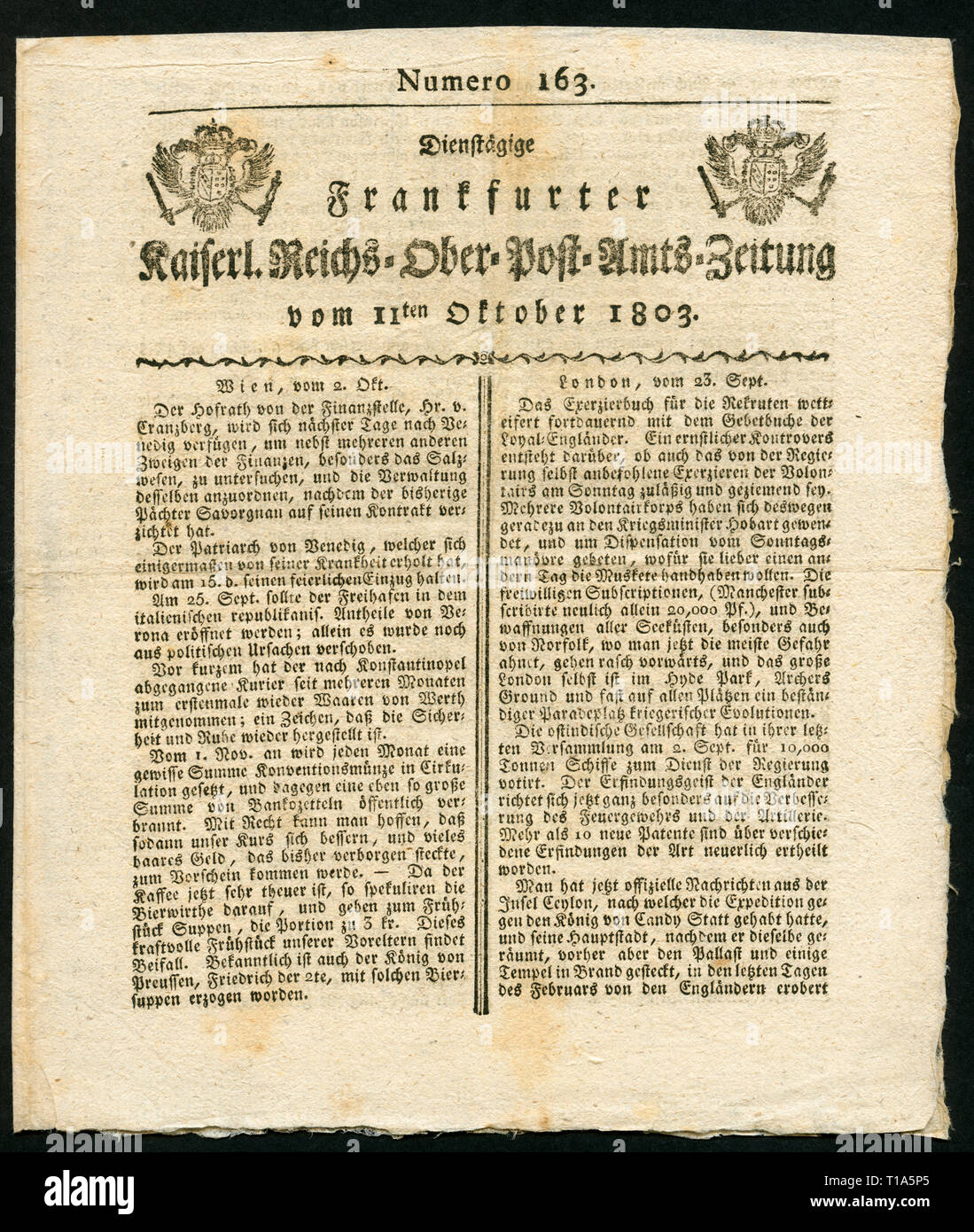 Deutschland, Hessen, Frankfurt/Main, historische Zeitung: "ienstätige Frankfurter kaiserlichen Post-Amts Reichs-Ober - - Zeitung", Nr. 163, veröffentlicht 11.10.1803, Additional-Rights - Clearance-Info - Not-Available Stockfoto