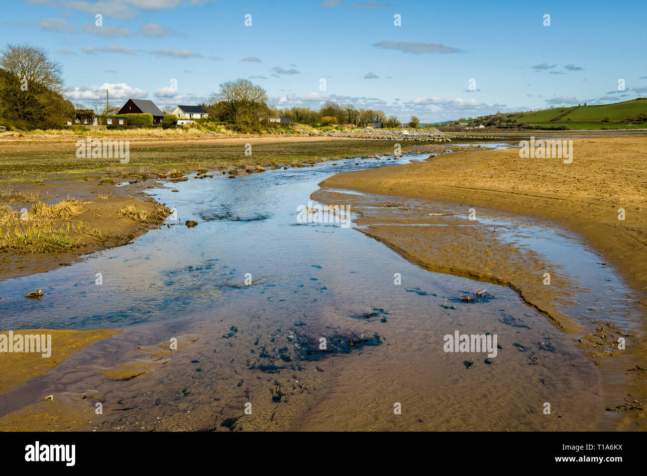 Der Fluss Tywi, oder Towy, Mündung bei Llansteffan auf der Carmarthenshire Küste, Sand und Anzeichen für einen kleinen Hafen. Stockfoto Der Fluss Tywi, oder Towy, Mündung bei Llansteffan auf der Carmarthenshire Küste, Sand und Anzeichen für einen kleinen Hafen. Stockfoto