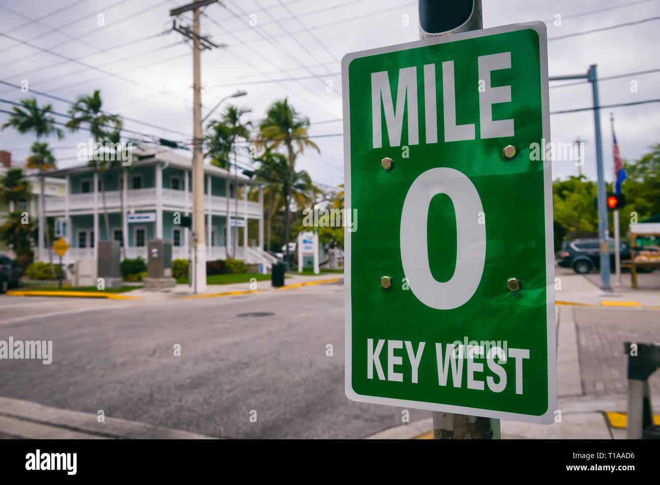 Mile Marker 0 (Null) markiert den Beginn der US Route 1, die Autobahn, an der Ostküste von Florida an der kanadischen Grenze in Maine läuft Stockfoto