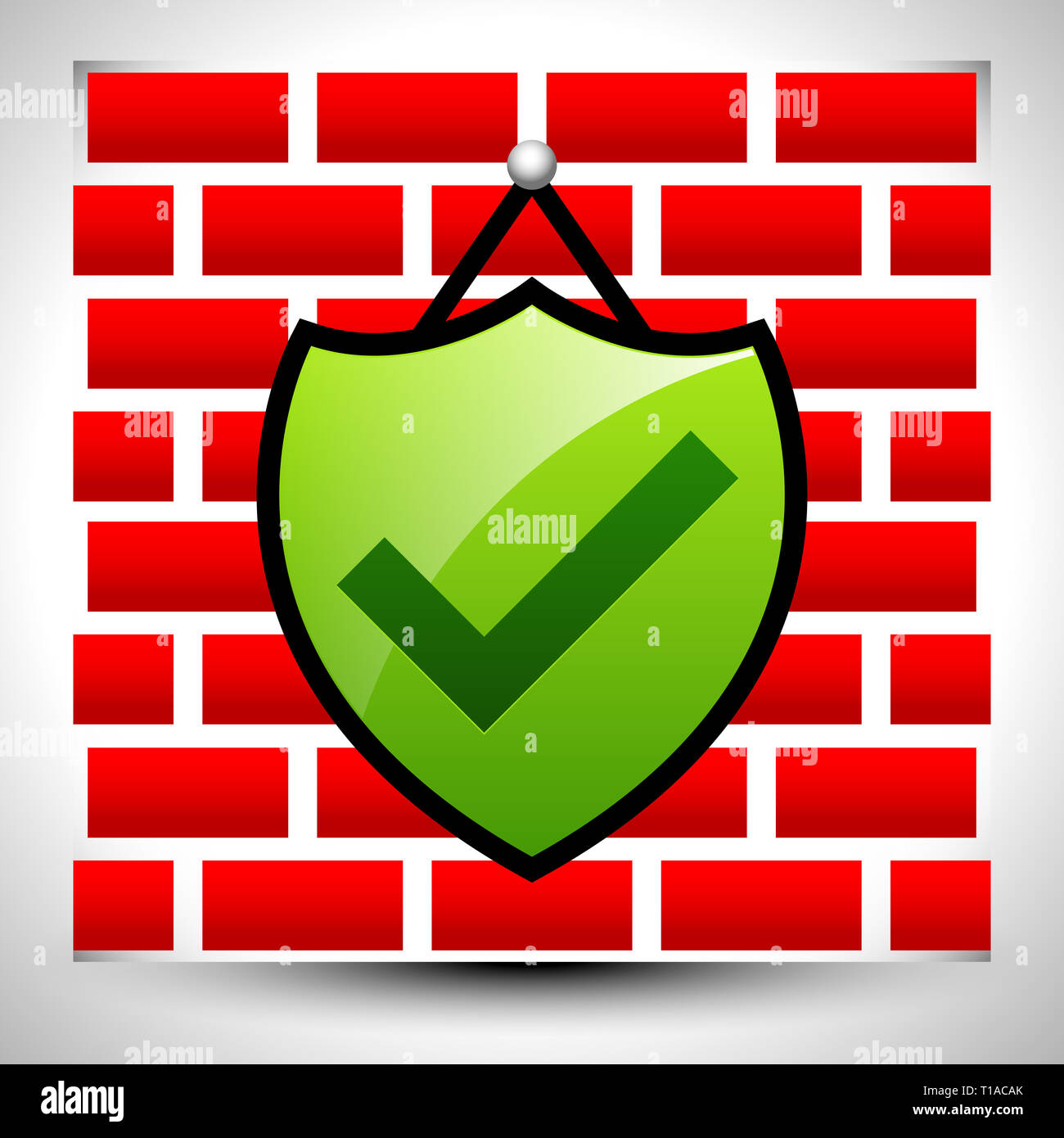 Eps 10 Vector Abbildung: Schild mit Häkchen hängen an der Wand für IT-Konzepte oder Home Sicherheit - Firewall, Antivirus, Cyber Security Stockfoto