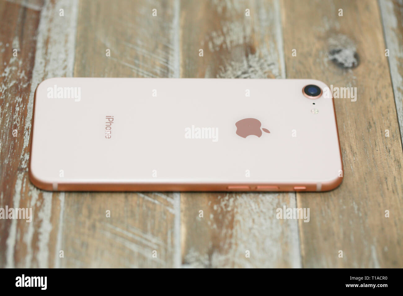 Princeton, New Jersey, USA, 18. März 2019: Apple iPhone 8 auf hölzernen Hintergrund isolieren. - Bild Stockfoto