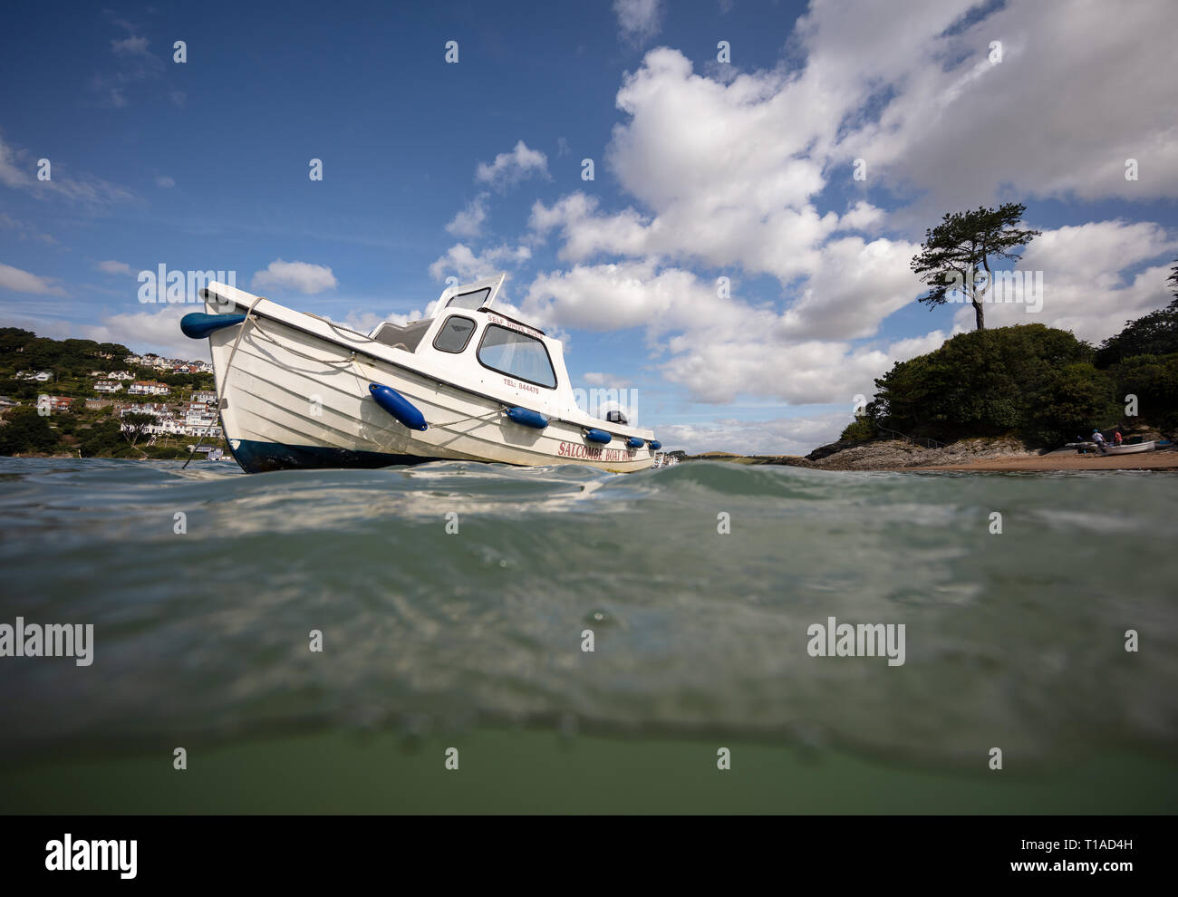 Eine Yacht segeln Vergangenheit während des Salcombe Stadt Regatta unter einem wunderschönen blauen Himmel. Stockfoto