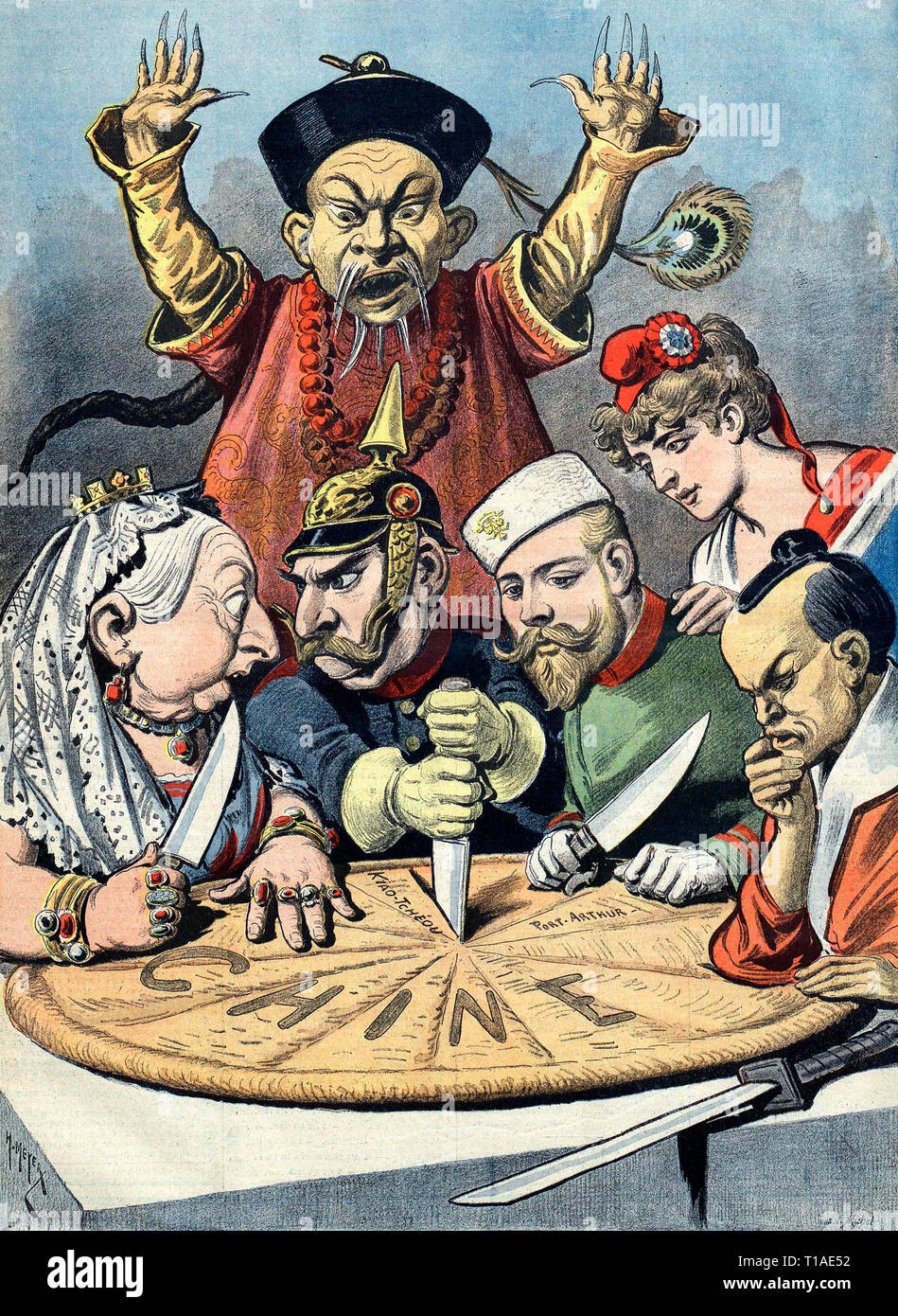 China - der Kuchen der Könige und Kaiser ..." (eine französische Wortspiel auf König Kuchen und Könige und Kaiser, die 'Konsum' China). Französische politische Karikatur aus dem Jahr 1898. Ein Gebäck, stellt "Chine" (französisch für China) und wird zwischen Karikaturen von Königin Victoria von Großbritannien, William II von Deutschland (Wer ist Streit mit Königin Victoria über ein Grenzgebiet Stück, während er ein Messer in der pie aggressiven deutschen Absichten zu bedeuten), Nikolaus II. von Rußland, das Eyeing ein bestimmtes Stück, die französische Marianne (wer als nicht an der Carving T ist diplomatisch gezeigt aufgeteilt Stockfoto