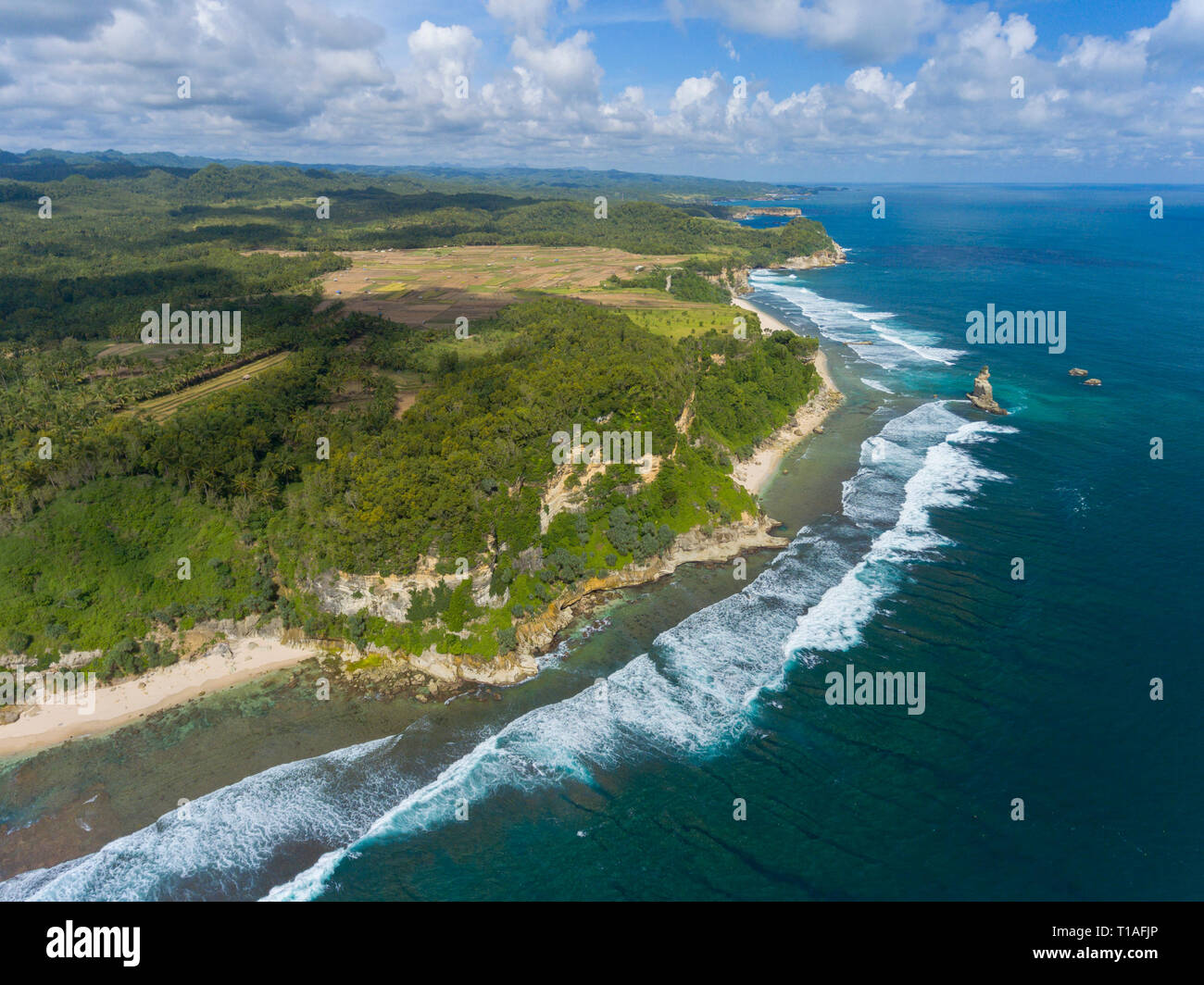 Robuste, aber wunderschöne Küste von Java. Westlich von pacitan im Osten der Insel Java. Stockfoto