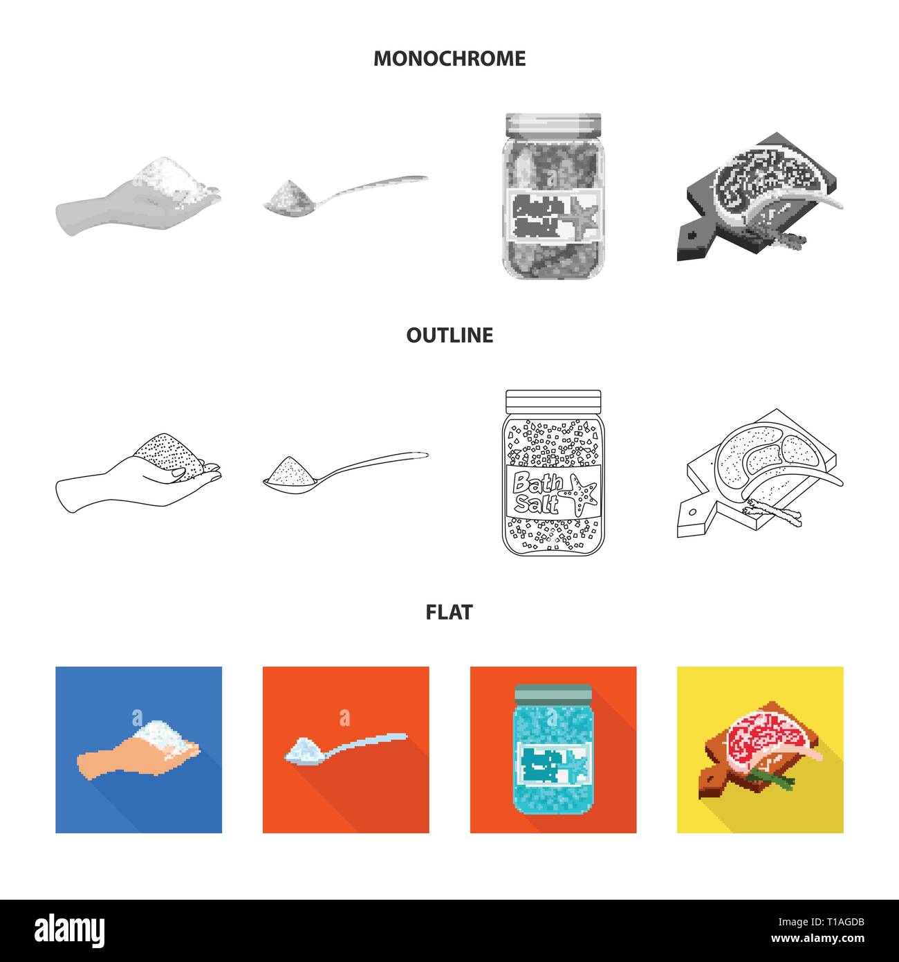 Arm, Löffel, Flaschen, Fleisch, Handvoll, salzig, Board,, Bath, Spa, Restaurant, Gewürze, Vintage, Streuen, Pulver, weiß, Mehl, sauber, Picknick, kochen, Meer, Natur, Backen, Salz, Nahrungsmittel-, Natrium-, Mineral, Raw, Küche, Set, Vector, Icon, Illustration, isoliert, Sammlung, Design, Element, Grafik, Zeichen, Vektor, Vektoren, Stock Vektor