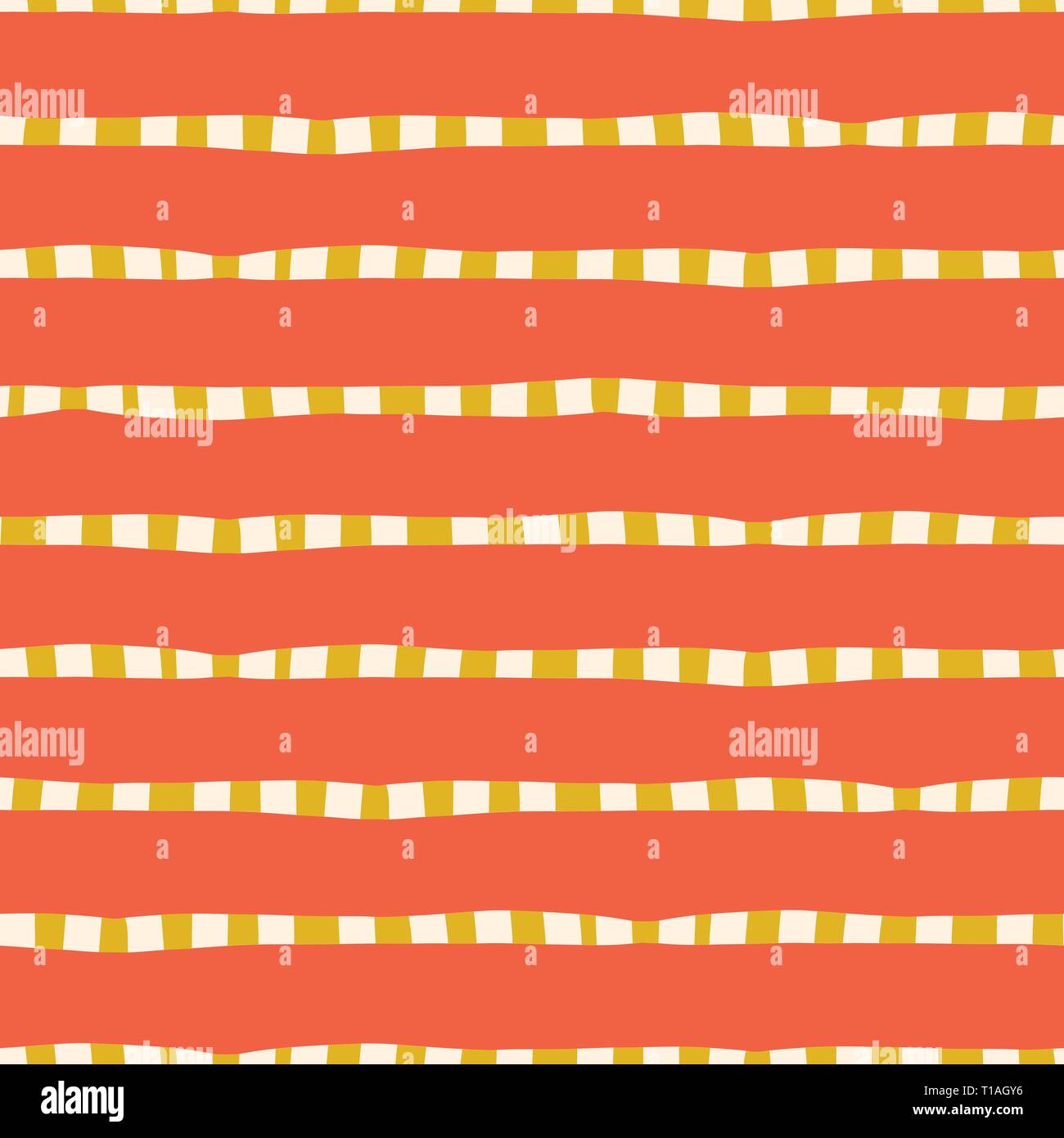 Horizontale handgezeichnete Streifen Koralle rosa gelb Gold nahtlose Vektor-Hintergrund. Unregelmäßige Linien, die sich abstraktes Muster wiederholen. Naiver Kinderstil. Für Stock Vektor
