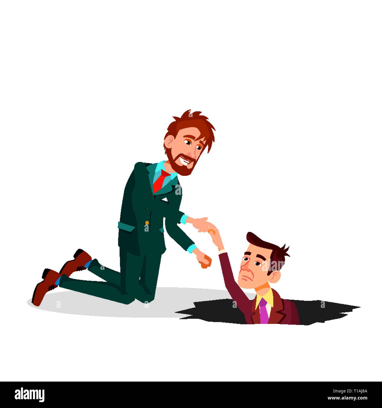 Hilfe einen Kollegen. Ein Unternehmer ziehen Kollege aus der Grube Vektor Flachbild Cartoon Illustration Stock Vektor