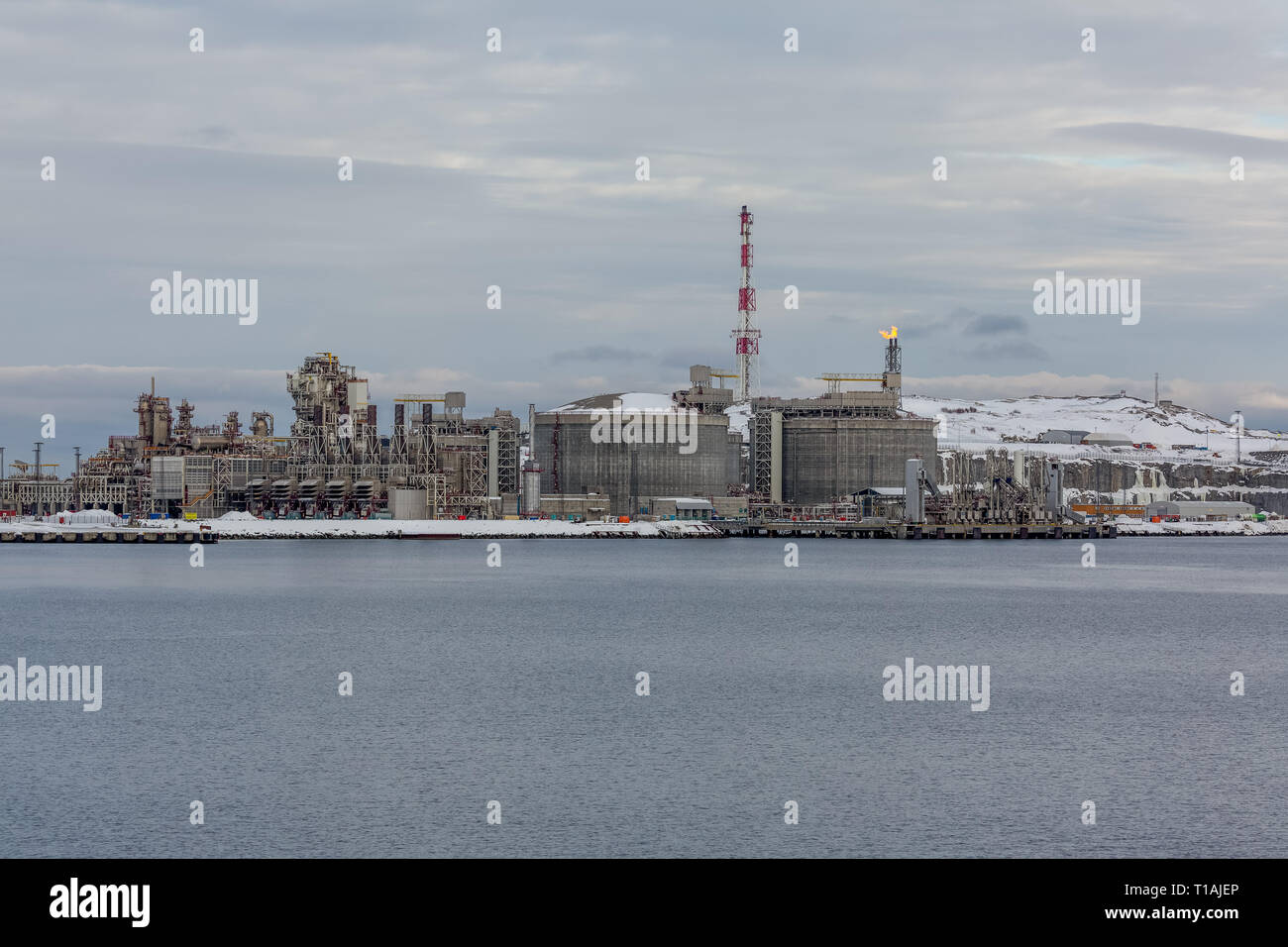 Die snohvit Flüssiges Erdgas Export Terminal auf der Insel Melkoya in der Nähe der Stadt Hammerfest in Norwegen. Stockfoto