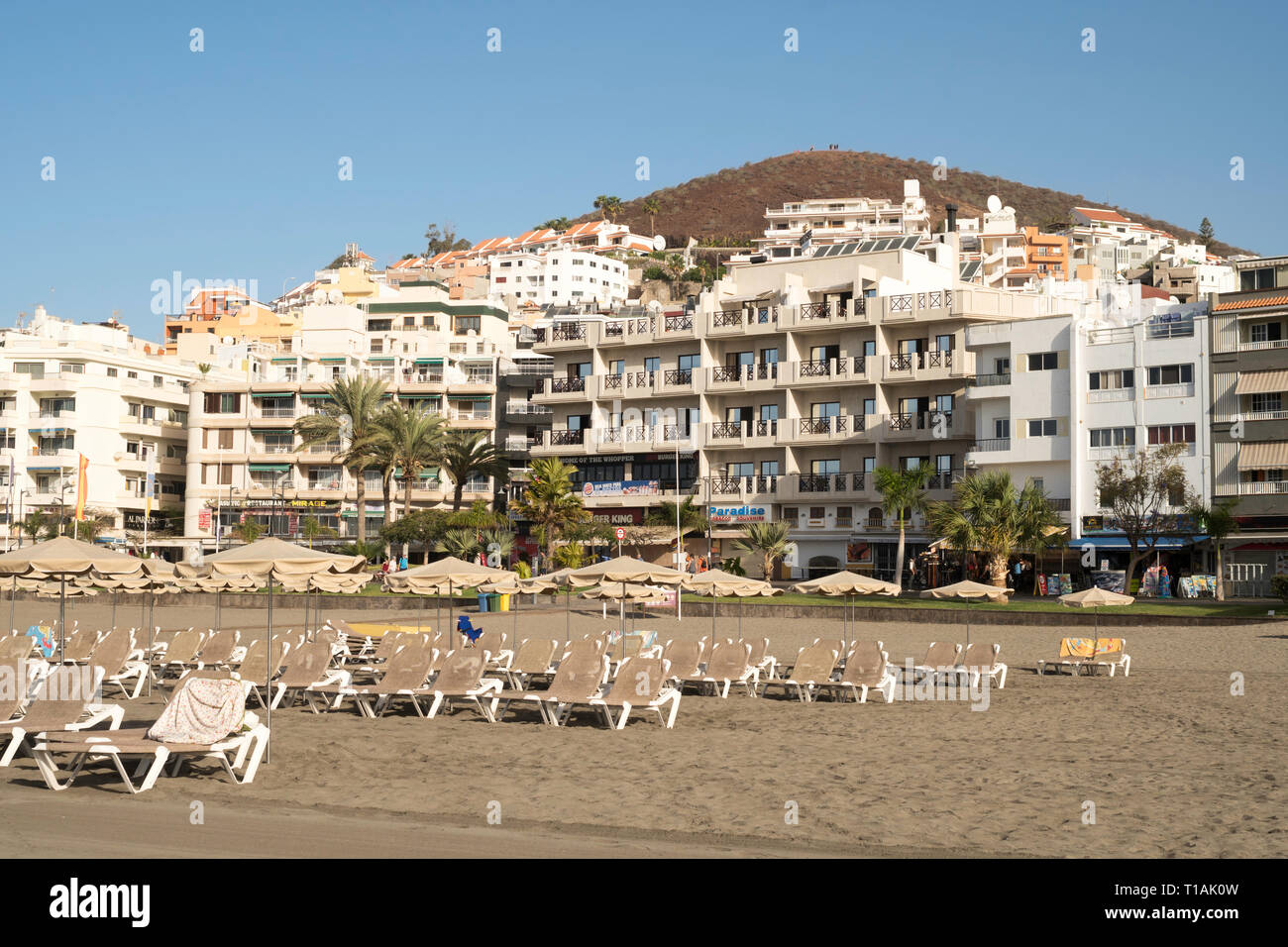 Reihen von leeren Liegestühlen am Strand Playa de Los Cristianos, in Arona, Teneriffa, Kanarische Inseln Stockfoto