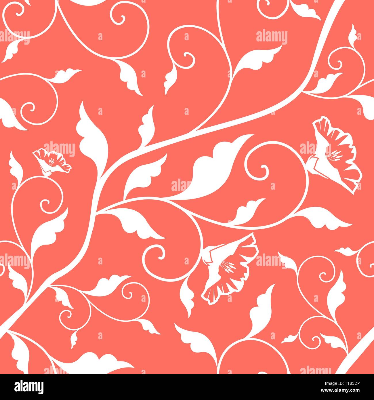 Coral Pink Vector Nahtlose floralen Muster. Lebende Korallen - 2019 Farbe des Jahres. Blätter und Blüten weiß Textur. Wiederholen Damast Hintergrund Stock Vektor