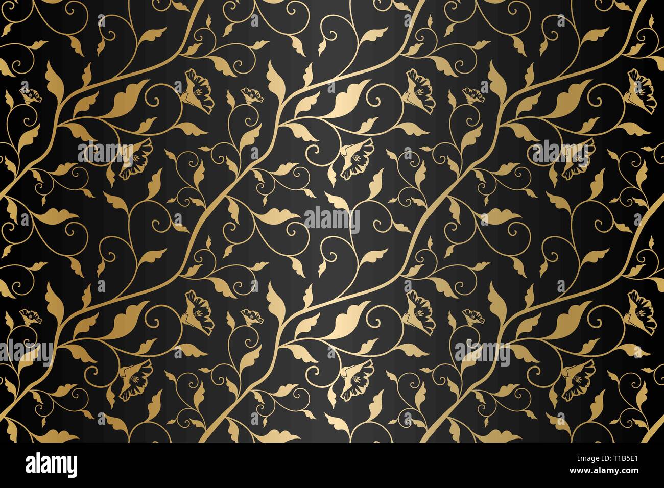 Die nahtlose Vektor golden Textur floralen Muster. Luxus wiederholen Damast schwarzen Hintergrund. Premium Verpackung Papier oder Seide gold Stoff mit Blätter Stock Vektor