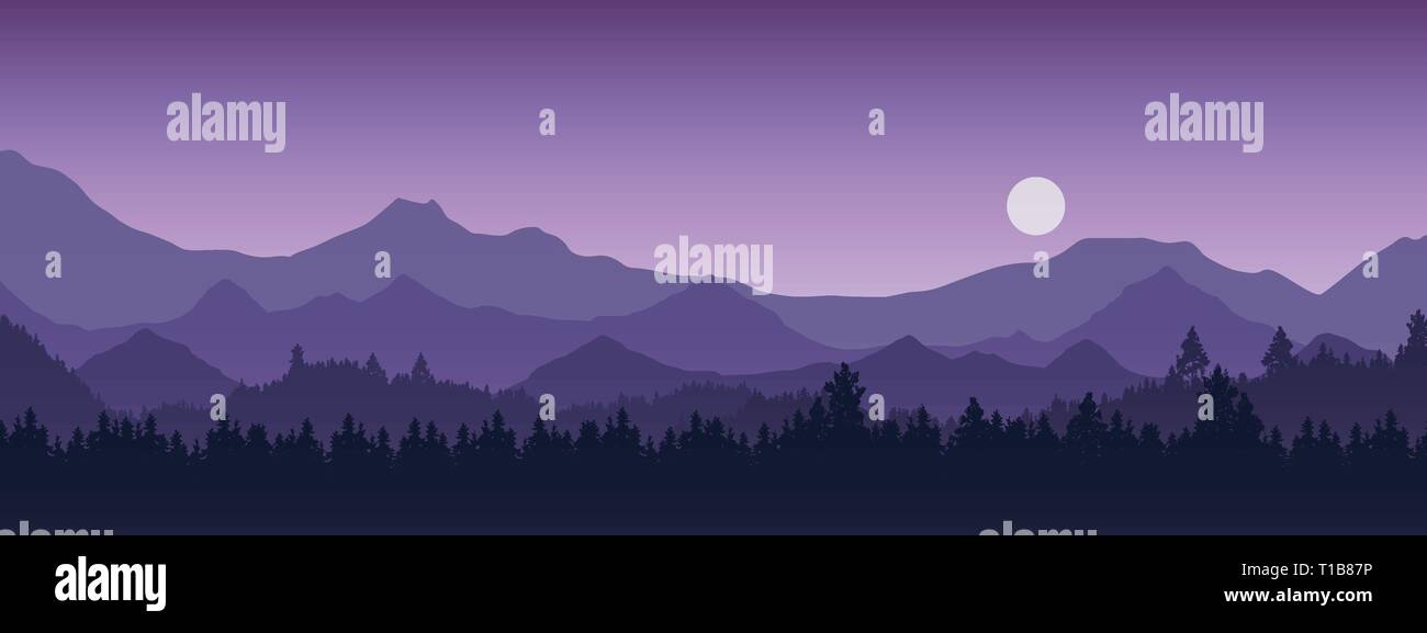 Breite realistische Abbildung der Berglandschaft mit Wald und Bäumen. Lila Nachthimmel mit Mond oder Sonne-Vektor Stock Vektor