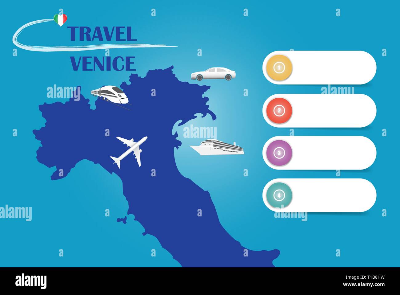 Reisen Venedig Vorlage Vektor für Reisebüros etc. Vector mit dem Flugzeug, Auto, Bahn und Schiff nähert sich der blinde Karte von Italien. Vier leere La Stock Vektor