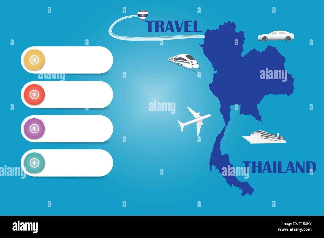 Reisen Thailand Vorlage Vektor für Reisebüros etc. Vector mit dem Flugzeug, Auto, Bahn und Schiff nähert sich der blinde Karte von Thailand. Vier bla Stock Vektor
