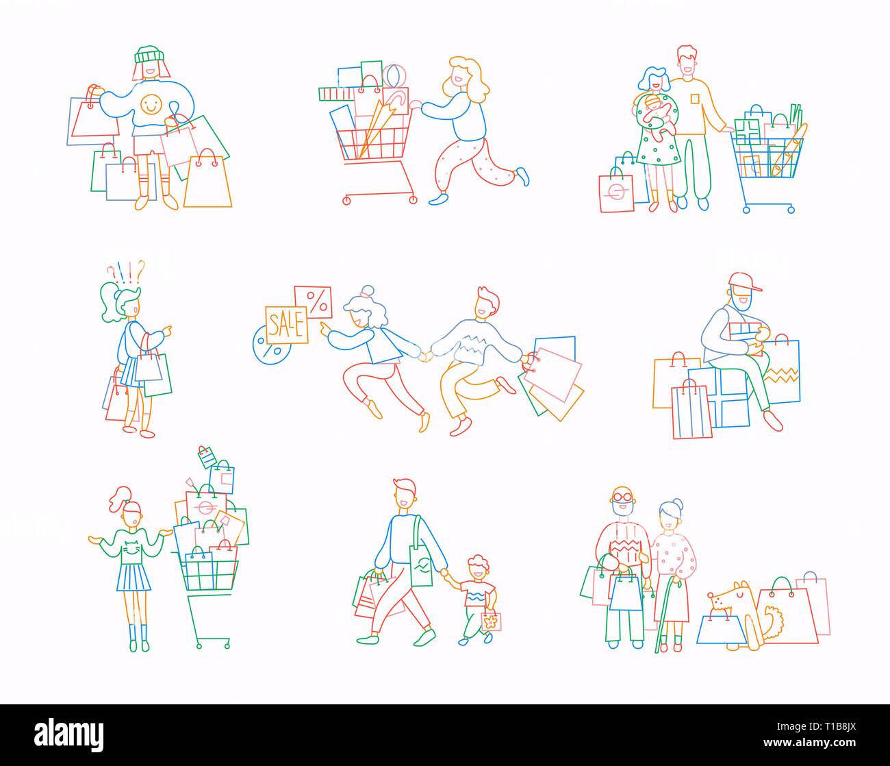 Satz von Menschen mit Käufen. Dünne Linie flache Bauform, Vektorgrafiken in hellen Farben. Stock Vektor