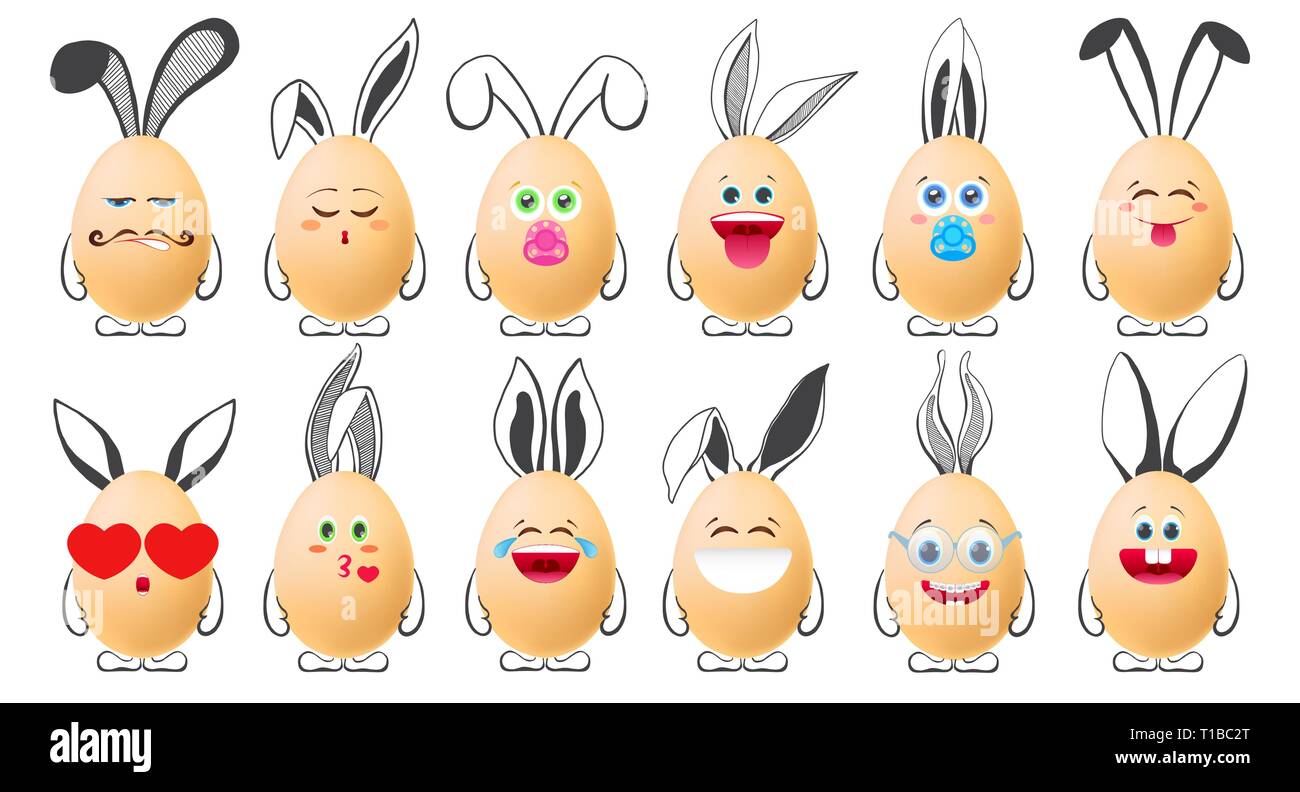 Festlegen von realistischen Eier mit Emoticons und mit gemalten Elementen. Vector Illustration Stock Vektor