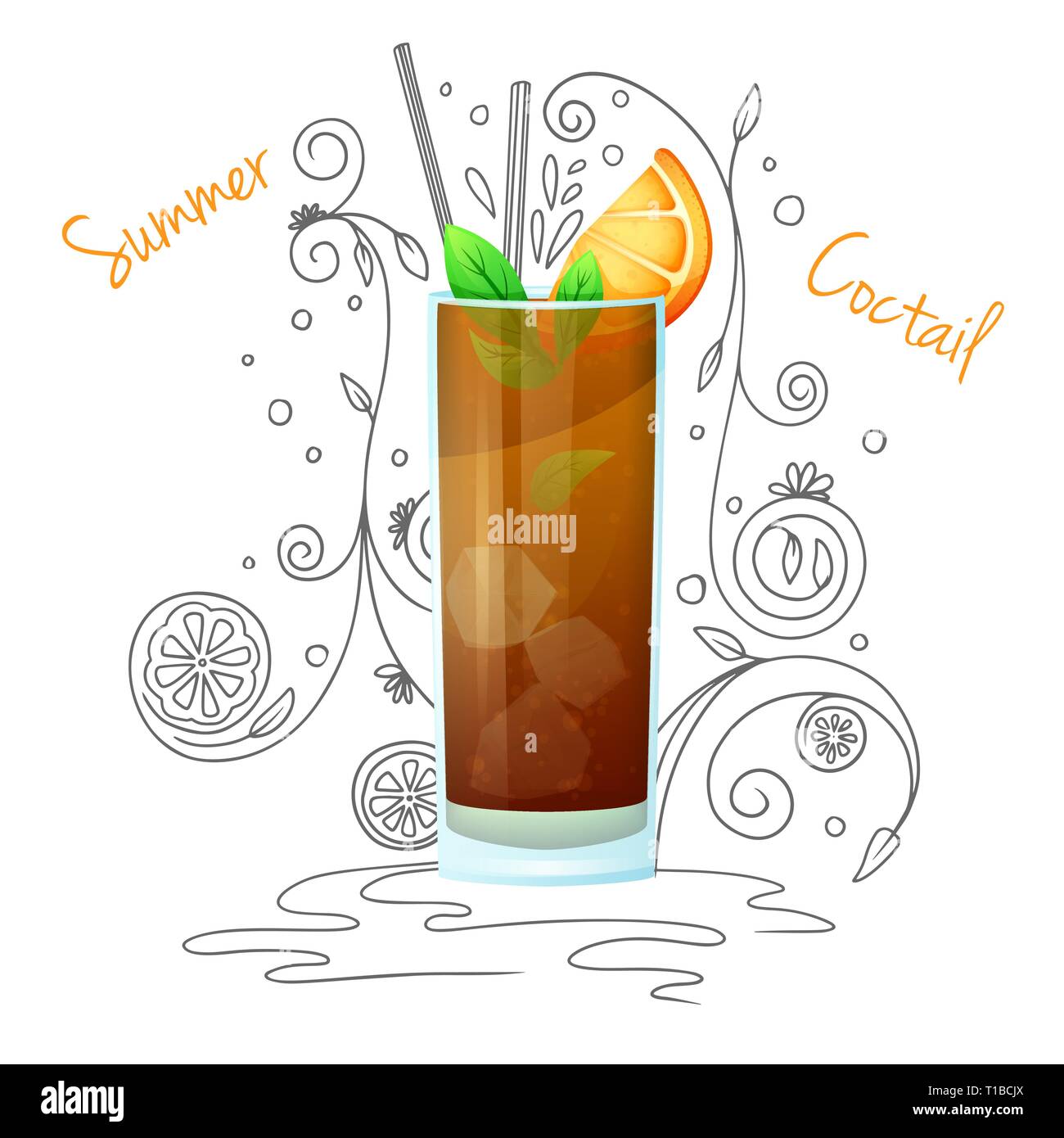 Realistische Cocktail auf einem weißen Hintergrund mit einem Doodle, Muster. Vector Illustration Stock Vektor