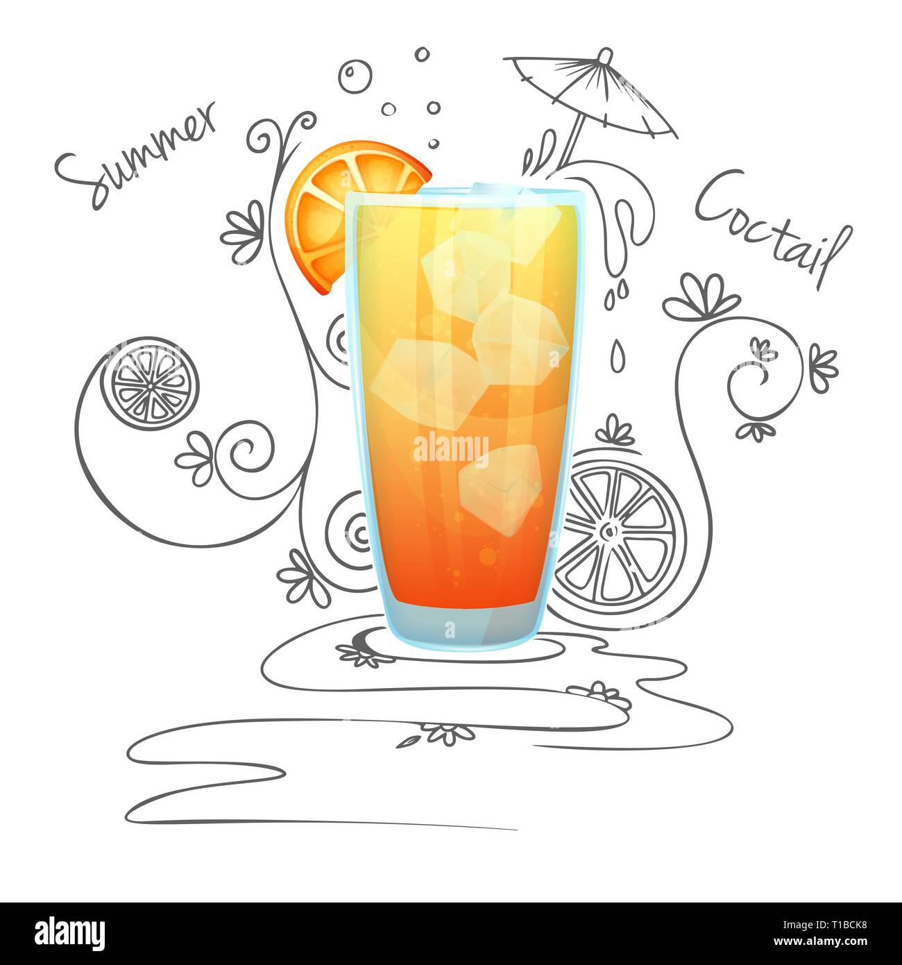 Realistische Cocktail auf einem weißen Hintergrund mit einem Doodle, Muster. Vector Illustration Stock Vektor