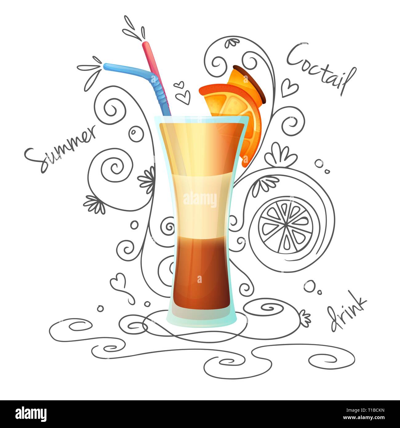 Realistische Cocktail auf einem weißen Hintergrund mit einem Doodle, Muster. Vector Illustration Stock Vektor