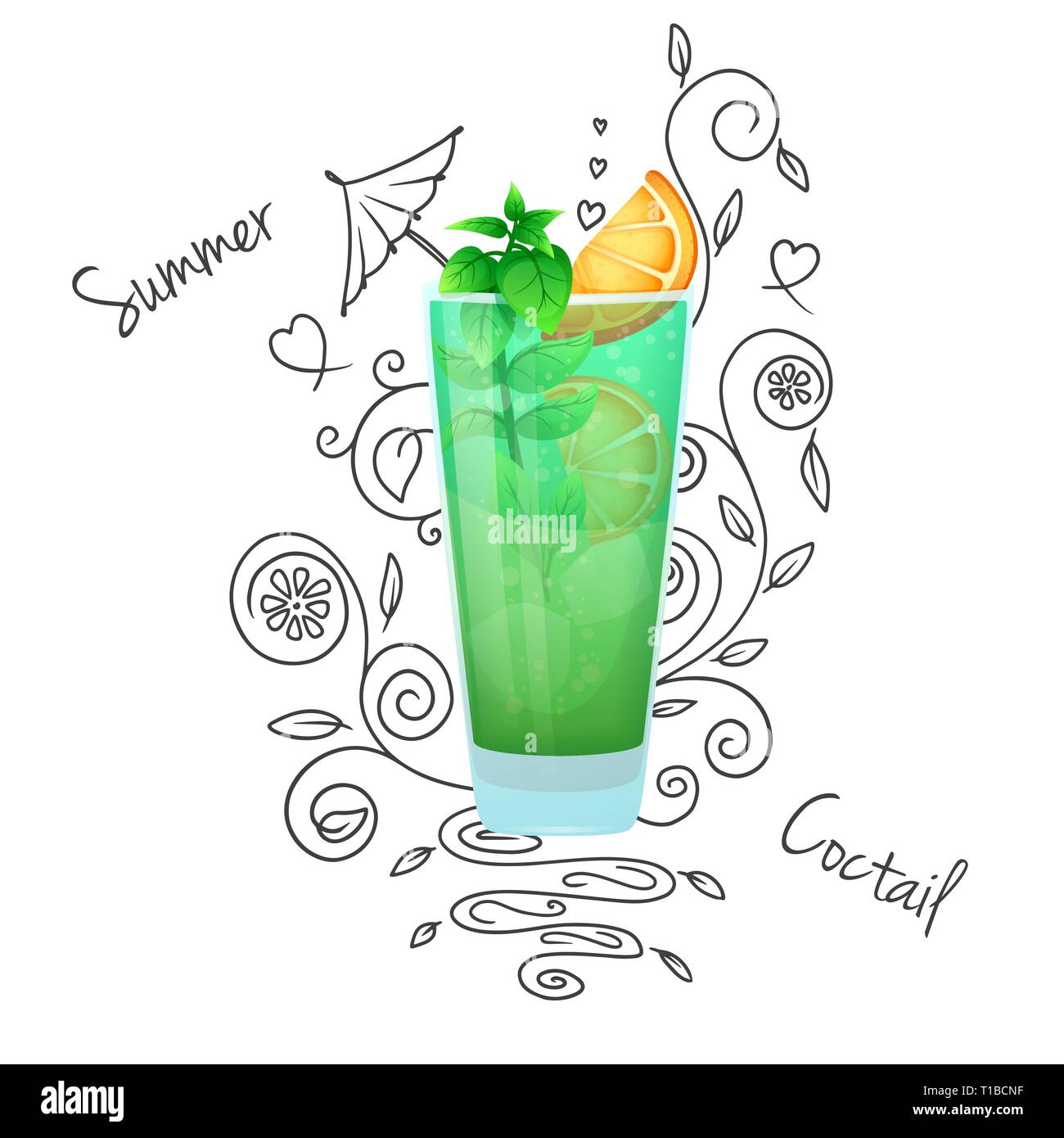 Realistische Cocktail auf einem weißen Hintergrund mit einem Doodle, Muster. Vector Illustration Stock Vektor