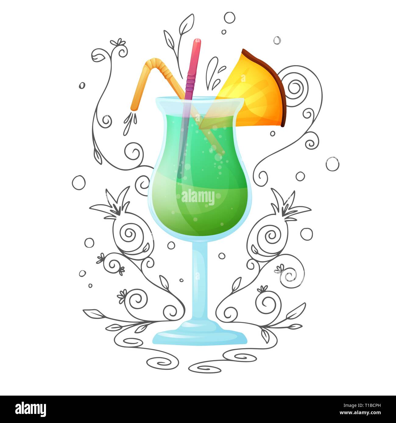 Realistische Cocktail auf einem weißen Hintergrund mit einem Doodle, Muster. Vector Illustration Stock Vektor