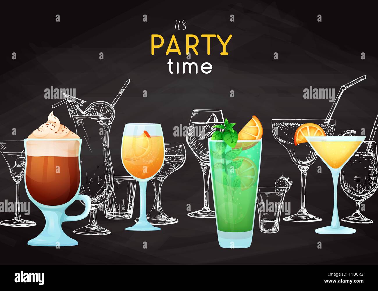Hintergrund mit verschiedenen Cocktails. Zeichnung Kreide auf einer Tafel. Bildunterschrift: It's Party Time. Auf ihrem Text platzieren. Vector Illustration Stock Vektor
