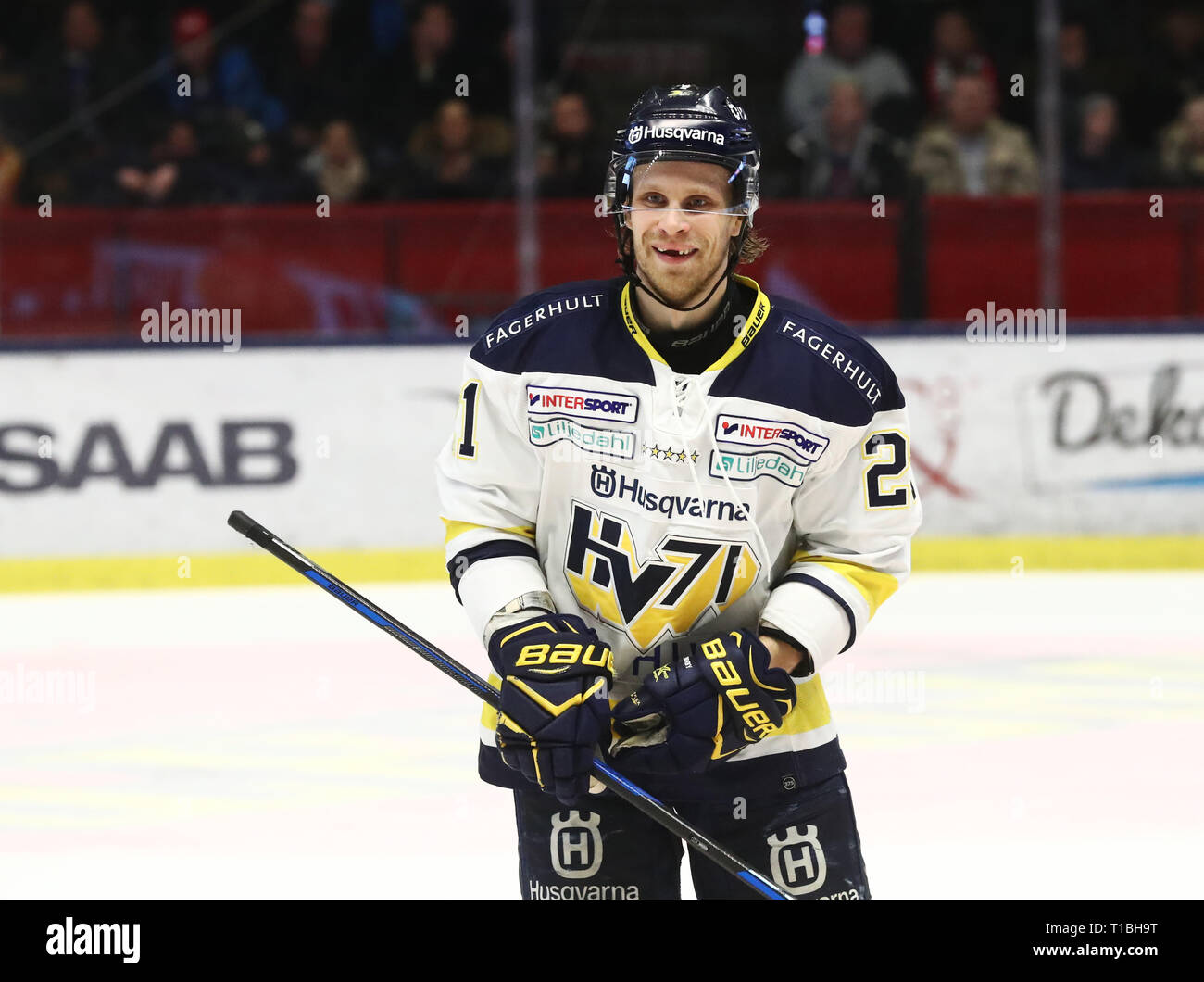 LINKÖPING 20180203 HV: s Nr. 21 Mattias Tedenby unter matchen ich SHL mellan Linköpings HC-HV 71 ich Saab Arena. Foto Jeppe Gustafsson Stockfoto