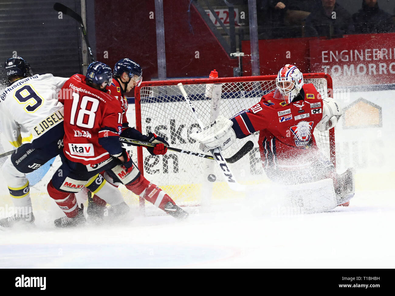 LINKÖPING 20180203 Linköpings målvakt nr30 Jacob Johansson unter matchen ich SHL mellan Linköpings HC-HV 71 ich Saab Arena. Foto Jeppe Gustafsson Stockfoto