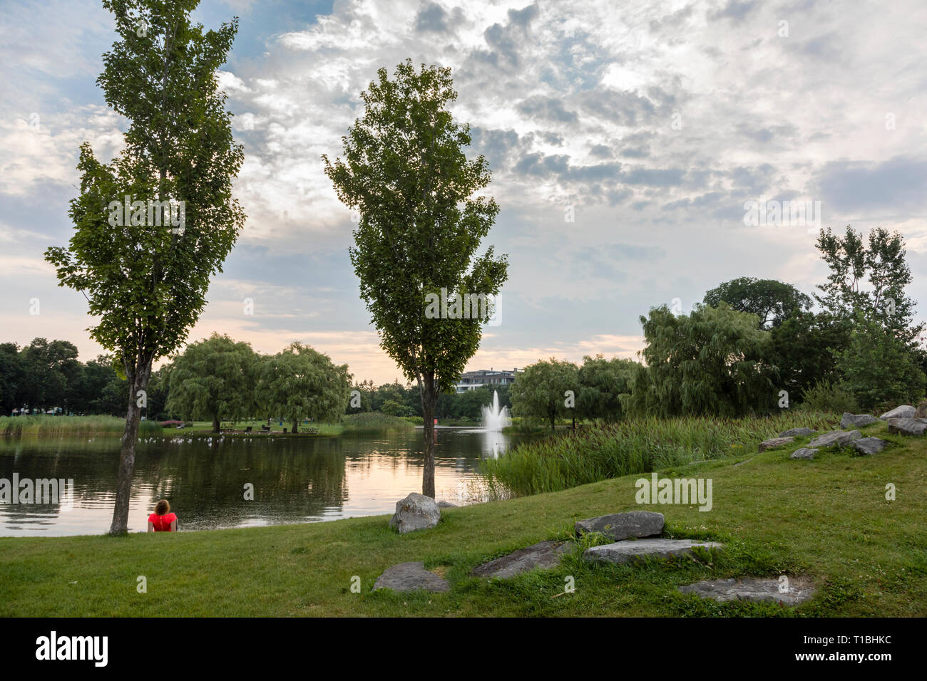 Eine Person, die eine ruhige Szene mit Bäumen, einem Teich und Springbrunnen. Stockfoto
