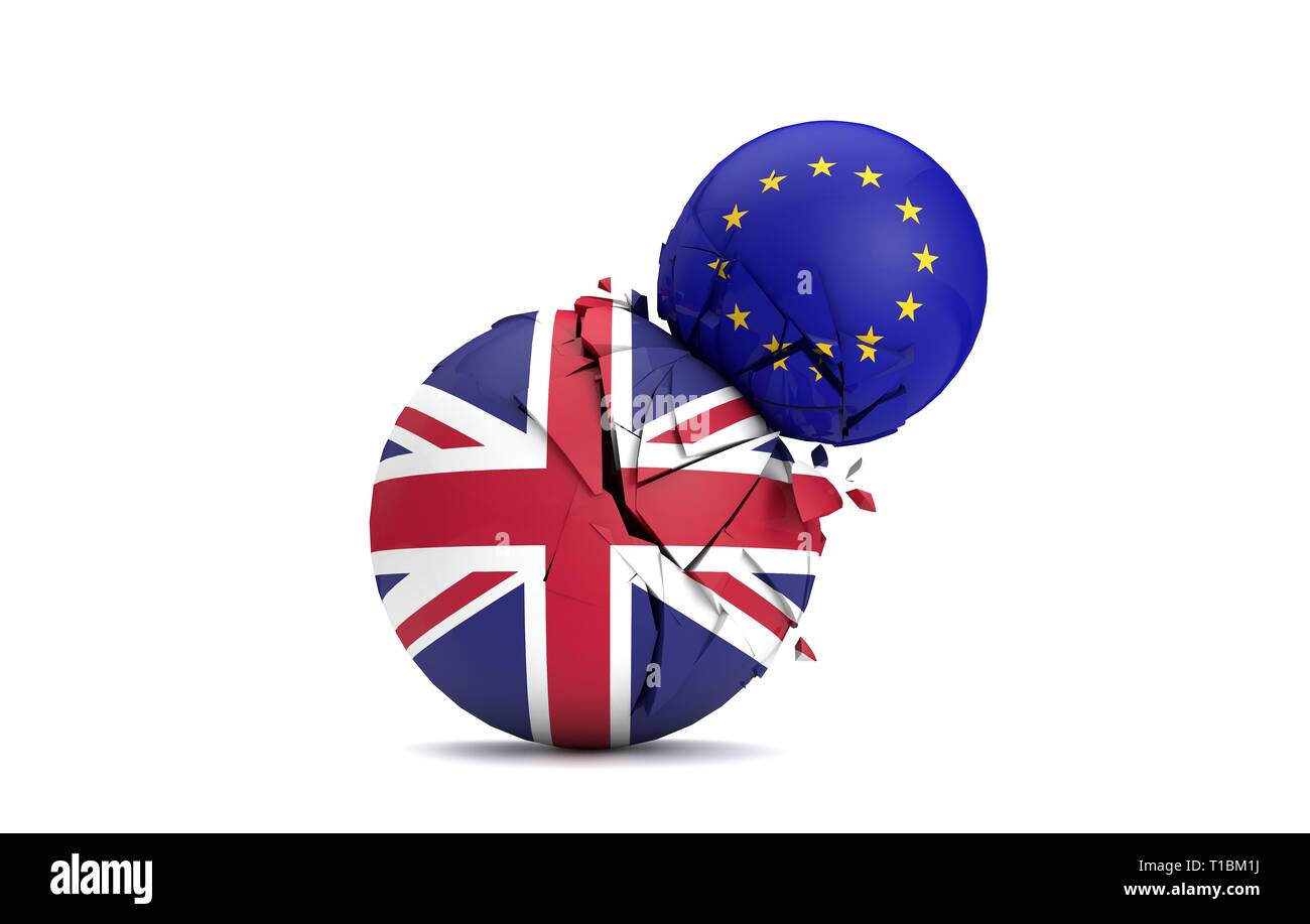 Die britischen und Europäischen Union politische Kugeln smash in einander. 3D-Rendering Stockfoto