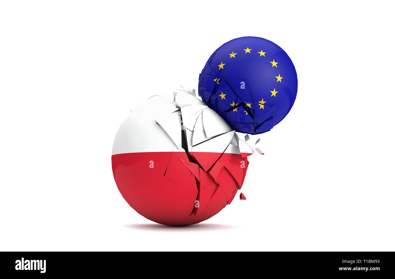 Polen und die Europäische Union politische Kugeln smash zusammen. 3D-Rendering Stockfoto